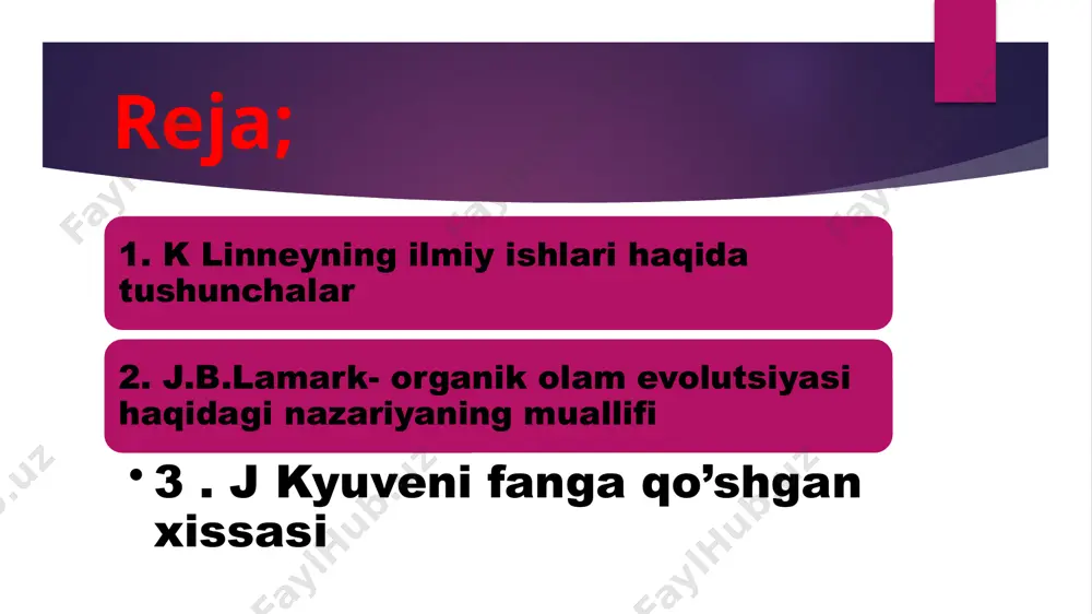 ligiga va birlashishiga qarab 24 sinfga, hayvonlarni tuzilishiga ko‘ra 6 sinfga bo‘ldi. buning oqibatida kelib chiqishi, qon-qardoshligi yaqin bo‘lgan organizmlar boshqa-boshqa sinﬂarga, aksincha, kelib chiqishi, qon-qardoshligi har xil organizmlar bir sinfga birlashtirildi. k.linney o‘simlik va hayvon turlari o‘zgarmaydi, degan ﬁkr bildirgan. uning tomonidan tuzilgan sistema sun’iy bo‘lsa-da, biroq mazkur faoliyat keyinchalik organik olamni atroﬂicha o‘rganishga imkon berdi. k. linney ishlaridan so‘ng botanika, zoologiya fanlari tez sur’atlar bilan rivojlandi. organik olam evolutsiyasi haqidagi nazariyani birinchi marta fransuz tabiatshunosi jan batist lamark (1744–1829) yaratdi . u «umurtqasizlar» va «biologiya» atamalarini fanga birinchi bo‘lib kiritdi. lamarkning evolutsiyaga doir ﬁkrlari «zoologiyaga kirish», (1801) va «zoologiya falsafasi», (1809) nomli asarlarida bayon etilgan. . lamark muhit ta’siriga javob reaksiyasiga qarab, barcha organizmlarni 3 guruhga bo‘lgan. birinchi guruhga o‘simliklar, ikkinchi guruhga sodda hayvonlar, uchinchi guruhga nerv sistemasi rivojlangan hayvonlarni kiritdi. tashqi muhit organizmlarga bevosita va bilvosita ta’sir ko‘rsatishi mumkin. tashqi muhit o‘simliklar va tuban hayvonlarga bevosita ta’sir …