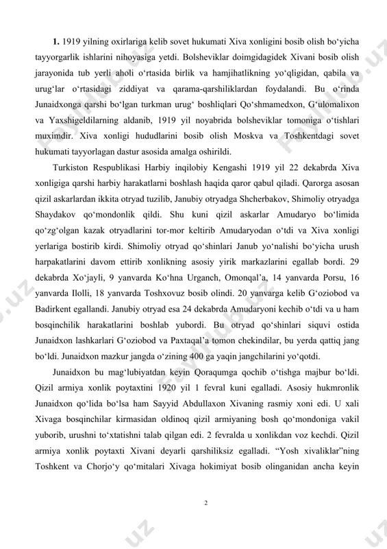 tomon chekindilar, bu yerda qattiq jang bo‘ldi. junaidxon mazkur jangda o‘zining 400 ga yaqin jangchilarini yo‘qotdi. junaidxon bu mag‘lubiyatdan keyin qoraqumga qochib o‘tishga majbur bo‘ldi. qizil armiya xonlik poytaxtini 1920 yil 1 fevral kuni egalladi. asosiy hukmronlik junaidxon qo‘lida bo‘lsa ham sayyid abdullaxon xivaning rasmiy xoni edi. u xali xivaga bosqinchilar kirmasidan oldinoq qizil armiyaning bosh qo‘mondoniga vakil yuborib, urushni to‘xtatishni talab qilgan edi. 2 fevralda u xonlikdan voz kechdi. qizil armiya xonlik poytaxti xivani deyarli qarshiliksiz egalladi. “yosh xivaliklar”ning toshkent va chorjo‘y qo‘mitalari xivaga hokimiyat bosib olinganidan ancha keyin keldilar. xiva inqilobiy qo‘mitasi hatto “yosh xivaliklar”ning toshkent tashkiloti raisi polvonniyoz yusupovni maxsus chaqirib oldi. rsfsr markaziy ijroqo‘mi va rossiya komfirqasi markaziy qo‘mitasining turkiston komissiyasi va turkiston inqilobiy harbiy kengashining maxsus vakili g. skalov muvaqqat hukumatni tuzdi. uning guvohlik berishicha, bu hukumat tarkibiga kirgan a’zolarni said abdullaxon taklif etgan. shundan so‘ng muvaqqat hukumat tarkibiga mulla jumaniyoz sultonmurodov (“yosh xialiklar”ning to‘rtko‘l …