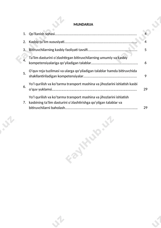 an kvalifikatsiyalardan birortasini muvoffaqqiyatli o‘zlashtirgan shaxslarga belgilangan namunadagi diplom beriladi va mehnat bozorida ishlash huquqi beriladi. egallanmagan kvalifikatsiyalarni qayta o‘zlashtirishga ruxsat beriladi va mazkur kvalifikatsiyani muvaffaqiyatli o‘zlashtirganlarga belgilangan tartibda sertifikat beriladi. 2.1. ruhiy-fiziologik fazilatlar minimumi: kuzatuvchanlik, diqqatni bir joy qaratish, fikrni jamlash, qo‘l-oyoq harakatini jarayonga moslashtirish, har tomonlama tez fikrlash va faraz qilish, yorug‘likni sezish, faol va tez xotirlash, harakat xotirasi va moslanuvchanlik. 2.2. ta’limni davom ettirish imkoniyatlari. yo‘l qurilish va ko‘tarma transport mashina va jihozlarini ishlatish mutaxasisligi bitiruvchisi keyinchalik kasbiy ta’limini chuqurlashtirish maqsadida: · kadrlar malakasini oshirish tizimida, tarmoq o‘quv muassasalarida va maxsus kurslarida malakani oshirishi; · kasbiy faoliyatning tegishli sohasida yanada yuqoriroq malakaga erish maqsadida oliy ta’lim muassasasida o‘qishni davom ettirishi mumkin. 2.3. o‘qishga qabul shartlari. o‘qishga qabul shartlari amaldagi qonunchilik asosida amalga oshiriladi. 3.bitiruvchilarning kasbiy faoliyati tavsifi 3.1. bitiruvchining kasbiy faoliyat sohasi: yol qurilishi va sanoatda foydalaniladigan transpopt vositalari, traktor va avtomobillar, avtogreyderlar, katok mashinalari, buldozerlar, ekskovatorlar, …