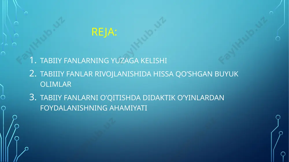 lam haqida yaxlit tasavvur paydo qilishga yordam beradi. buning bilan bola tabiiy fanlar, jumladan fizika va kimyo qiyin emas, qiziq fanlar ekanini anglaydi va uni o‘rganishga o‘zida rag‘bat sezadi. - tabiiy fan (science) qaysidir fandan voz kechish yoki qaysidir fanning o‘rniga joriy etilayotgani yo‘q. aksincha, u ta'lim sifatini oshirish uchun mavjud fanlarni integrativ tarzda o‘qitilishini ta'minlaydi. - tabiatda yuz berayotgan hodisalarni, masalan, yomg‘ir hodisasini o‘rganish jarayonida bola uning tarkibi (biologiyaga oid tushunchalar), fizik xususiyatlari, qaysi fasllarda va qayerlarda ko‘proq yog‘ishi (geografik xususiyati), yomg‘ir ta'sirida yerda qanday o‘zgarishlar bo‘lishi, o‘simliklar uchun foydasi haqida ma'lumotga ega bo‘ladi. - mazkur fan 1–2-sinflarda «atrofimizdagi olam», 3–4-sinflarda tabiatshunoslik, 5–6-sinflarda esa 3 ta alohida fan – geografiya, biologiya va fizika fanlari mazmunini va kimyo fanining boshlang‘ich tushunchalarini uyg‘unlikda o‘qitadi. 7-sinfdan boshlab esa biologiya, geografiya va iqtisodiyot, fizika, kimyo fanlari alohida o‘qitiladi. bugungi kunda tabiiy fanlar 1-11-sinflar kesimida o’qitilmoqda. 1-6-sinfda tabiiy fanlar alohida alohida emas balki yaxlit …