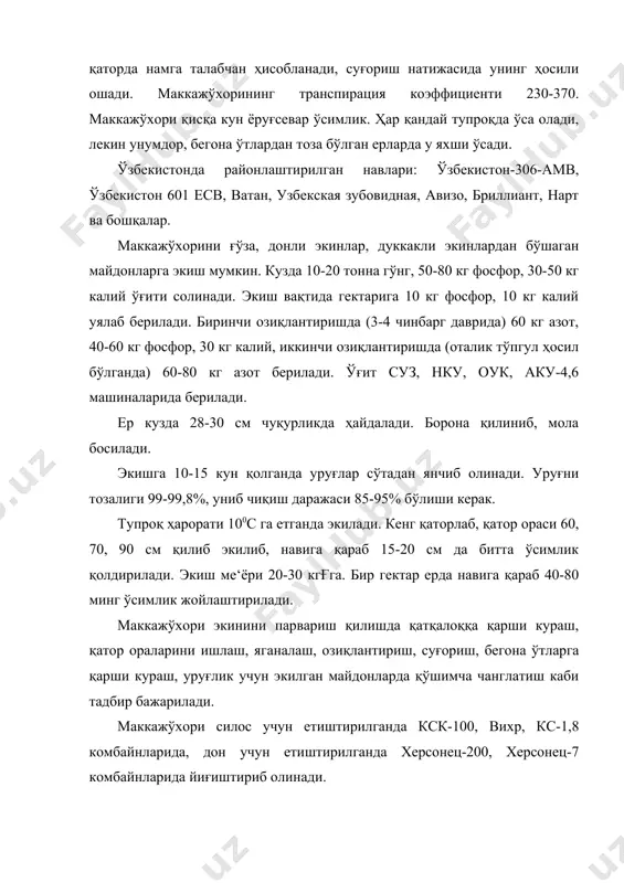 тонда қадимдан бери экилиб келинади. гектаридан 30-60 цғдон, 600-700 ц кўкат олинади. жўхори sorghum авлодига мансуб ўсимлик. бу авлодга донли, қандли ва ўтсимон турлари киради. иссиқсевар ўсимлик, уруғи 10-120c га етганда униб чиқади. қулай шароитда 6-7 кунда майса беради. совуққа чидамсиз, -10с да нобуд бўлади. жўхори ёруғсевар қисқа кун ўсимлиги. районлаштирилган навлари: асал баг, кантлик джугaра, ўзбекистон паканаси, санзар, ўзбекистон 18, ширин 91, ўзбекистон 5. жўхори ҳар қандай экиндан бўшаган майдонга экилади. ўғитлаш ме‘ёри: 15-20 т гўнг, 120-150 кг азот, 100-120 кг фосфор ва 50-60 кг калий. кузда ер 28-30 см чуқурликда ҳайдалади ва экиш муддатигача тоза сақланади. ўзбекистонда жўхори март-апрел ойларида кенг қаторлаб экилади. уруғ экиш ме‘ёри - дон учун 8-10 кгғга, кўкат учун 15-20 кгғга. ўсув даврида суғорилади, қатор орасига ишлов берилади. кўкат олиш учун жўхори рўвак чиқариш даврида, силос учун сут-мум пишиш даврида ва дон учун тўла пишган даврида ўрилади. ер юзидаги кўпчилик мамлакатларда шоли энг асосий …