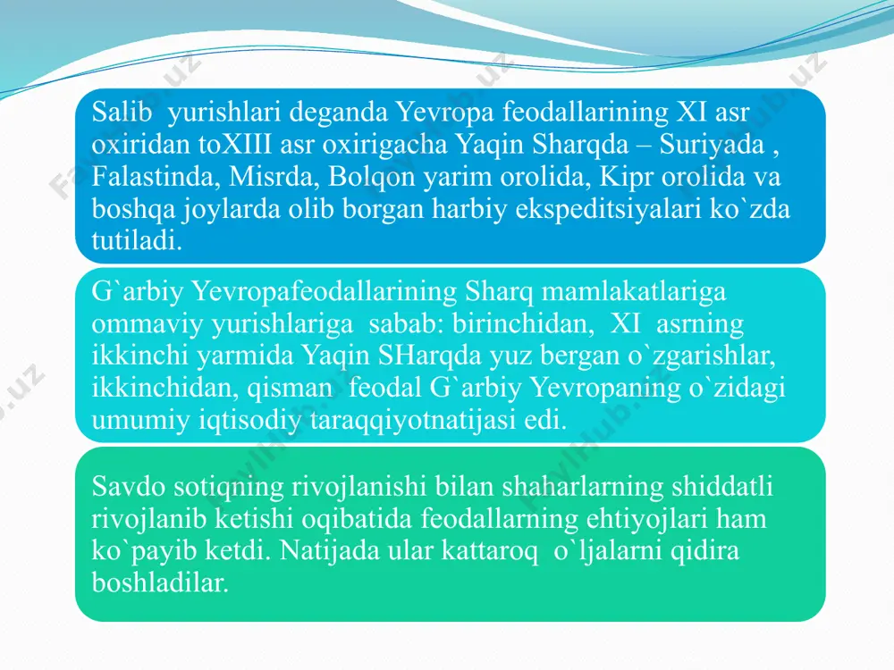 iya mulklariga ega bo`lishmoqchi edi. ko`p sonli ritsarlar bosib olingan mamlakatlarda yer lenlarini olishga umid qilishar edi. ruhoniylar esa cherkovga kirim bo`lishini va boy okruglarni kutishardi. sharqiy o`rta yer dengizi qirg`oqlarining katta qismini bosib olinishi natijasida to`rtta salibchilar davlati tashkil topdi: janubiy suriya va falastinda quddus qirolligi, suriya qirg`oqlarida tripoli grafligi, shimoliy suriyada antioxiya qirolligi va yuqori mesopotamiyada edessa grafligi.salibchilar davlatlarida fransiyadagi kabi davlatni boshqarish tartibi yuritiladi. qudduz qirolligida maxsus feodal odatlar “quddus assezi” deb nom olgan yozma qoidalarga aylanib, bu quddus qirolligining konstitutsiyasi hisoblanadi. feodallaro`rtasidagi munosabatlar bir-biriga qaramlik asosida qurilar edi. kichik feodallarning o`z senor – baronlariga va baron ham knyazlarning qirolga nisbatan bo`lgan munosabatlarini yo`lga solib turadigan bo`ldi. shuningdek, assezlarda ritsarning bir yilda necha kun urushda xizmat qilib berishi belgilangan edi. qolgan uchta davlat rahbarlari amalda to`liq mustaqil bo`lsalarda qirolga qaram edilar. bu davlatlar ham o`z navbatida baronliklarga, baronliklar esa ritsarlik lenlariga bo`linadi. baronlar va ritsarlar o`z mol …