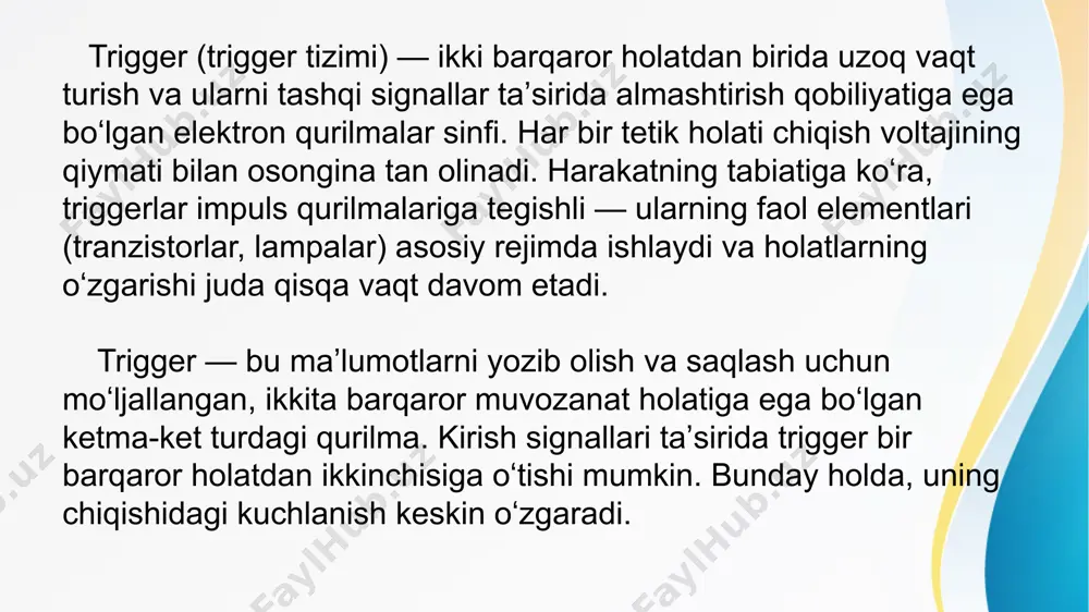 nadiganlar, turli xil dasturlashtiriladigan mantiqiy integral mikrosxemalar (fpga) uchun integratsiyalashgan ishlab chiqish muhitida yaratilgan. ular asosan kompyuter texnologiyalarida kompyuter tizimlarining tarkibiy qismlarini tashkil qilish uchun ishlatiladi: registrlar, hisoblagichlar, protsessorlar, ram. etiboringiz uchun rahmat image3.png image2.jpeg /docprops/thumbnail.jpeg
