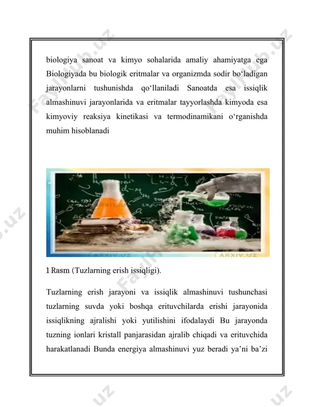 yoki asosli moddalarning qo‘shilishiga qarshi kurashadi. bufer eritmalar ko‘plab sohalarda, jumladan, kimyo, biologiya, tibbiyot va sanoatda qo‘llaniladi. masalan, biologik tizimlarda (qon, hujayra ichidagi suyuqliklar) ph barqarorligini ta'minlashda, fermentlar faoliyatini saqlashda, shuningdek, tibbiy diagnostika va davolash jarayonlarida muhim ahamiyatga ega. kimyo laboratoriyalarida buferlar reaksiyalarni boshqarish va tahlillarni amalga oshirishda keng ishlatiladi. buferlarning kimyoviy tarkibi va mexanizmi bufer eritmalarining kimyoviy tarkibi ikki asosiy komponentdan iborat: kuchsiz kislota (masalan, sirka kislotasi) va uning tuzi (masalan, natriy asetat), yoki kuchsiz asos (masalan, ammoniy gidroksid) va uning tuzi (masalan, ammoniy xlorid). bufer eritmalari asosan kislota-baza reaksiyalari orqali o‘z ph qiymatini saqlaydi. mexanizmga kelsak, buferlar qo‘shilgan kislota yoki asosni neytrallash orqali ph qiymatini barqarorlashtiradi. agar kislota qo‘shilsa, bufer eritmasidagi asoslar h⁺ ionlarini qabul qiladi, shuning uchun ph pasaymaydi. agar asos qo‘shilsa, bufer eritmasidagi kislotalar oh⁻ ionlarini neytrallash orqali ph darajasini saqlaydi. bu jarayonlar le shatelye printsipi asosida ishlaydi, ya'ni buferlar ionlarni qabul yoki ajratish orqali tizimdagi …