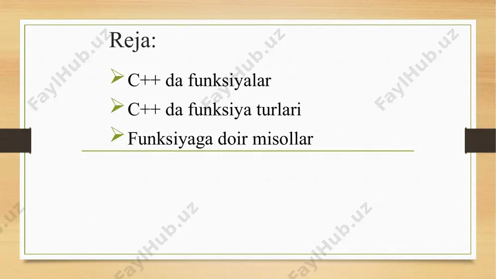 2 xil bo'lishi mumkin: 1) asosiy dasturga (yoki chaqiruvchi funksiyaga) natijani qaytaruvchi. 2) void turidagi funksiya bo'lib, asosiy dasturdan (yoki chaqiruvchi funksiyadan) xech qanday parametr qabul qilib olmaydi xam, asosiy dasturga xech qanday natija qaytarmaydi ham. parametrsiz funksiyaga murojaat qilishda dastur tanasida funksiya nomi yoziladi. dasturda funksiya nomi operatorlar kabi ishlatiladi. parametrsiz funksiyada asosiy dasturning barcha global o`zgaruvchilaridan foydalanish mumkin. global o`zgaruvchilar ham asosiy dasturda, ham funksiyada ishlatish mumkin bo'lgan o`zgaruvchilar global o'zgaruvchilar deyiladi. global o'zgaruvchilar asosiy dasturda e`lon qilishi kerak. lokal o`zgaruvchilar faqat funksiyada ishlatish mumkin bo'lgan o'zgaruvchilarga local o'zgaruvchilar deyiladi. ular funksiyada e`lon qilinadi. funksiyada yana bir nechta ichki funksiyalardan foydalanish mumkin. blok ichida e'lon qilingan o'zgaruvchilar, shu blok uchun lokal o'zgaruvchilar hisoblanadi. bu o'zgaruvchilardan faqat blok ichida foydalanish mumkin. parametrli funksiyalar asosiy dasturdan (funksiyadan) chaqiriluvchi funksiyaga uzatilgan parametrlarni qabul qilib qayta ishlovchi funksiyalar parametrli funksiyalar deyiladi. qiymat parametrlar – asosiy dasturdan funksiyaga uzatiladigan o'zgaruvchilar qiymatlarni qabul qilib …