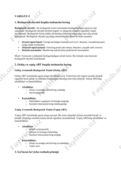 boshqarish obyekti va ochiq-yopiq avtomatik boshqarish tizimi — DOCX