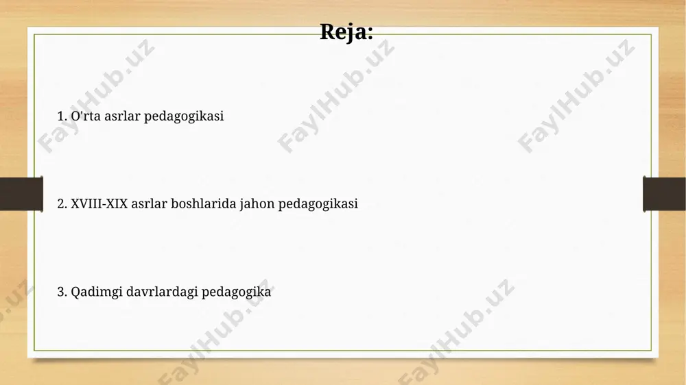 a, retorika, mantiq, aritmetika, geometriya va astronomiya kabi 7 ta liberal sanʼatni oʻqitishga asoslangan boʻlib, taʼlimning sekulyarlashuvi kuzatilgan. uygʻonish davri pedagogikasida insonparvarlik gʻoyalari ustunlik qilib, 14-16-asrlarda bolaning individual xususiyatlarini hisobga olishga, 7 ta erkin sanʼat va adabiyotni oʻrgatishga alohida eʼtibor qaratilgan. 17-18 asrlar pedagogikasi 17-18 asrlarda pedagogika fan sifatida shakllanib, j.lokk, j.j.russo kabi buyuk mutafakkirlarning asarlari o'quv dasturlarini boyitishga va yangi pedagogik g'oyalarni shakllanishiga sabab bo'ldi. 17-18-asrlar pedagogikasida ratsionalizm ta’siri kuchayib, ta’limda mantiq va tajriba usullariga e’tibor qaratildi, shu bilan birga klassik bilimlar tizimi saqlanib qoldi. o'rta asrlar pedagogikasi oʻrta asrlarda, taxminan 8-13-asrlar oraligʻida, islom olamida madrasa tizimi rivojlanib, diniy taʼlim bilan bir qatorda, falsafa, astronomiya va tibbiyot kabi fanlar ham oʻqitilgan. 12-15 asrlarda yevropada universitetlarning paydo boʻlishi va skolastika falsafasi taʼsiri ostida grammatika, logika va retorika kabi "sevgi fanlari"ga ahamiyat berilgan. e'tiboringiz uchun rahmat @taqdimot_robot image7.jpg image8.jpg image9.jpg image10.jpg image11.jpg image12.jpg image13.jpg image3.png image4.png