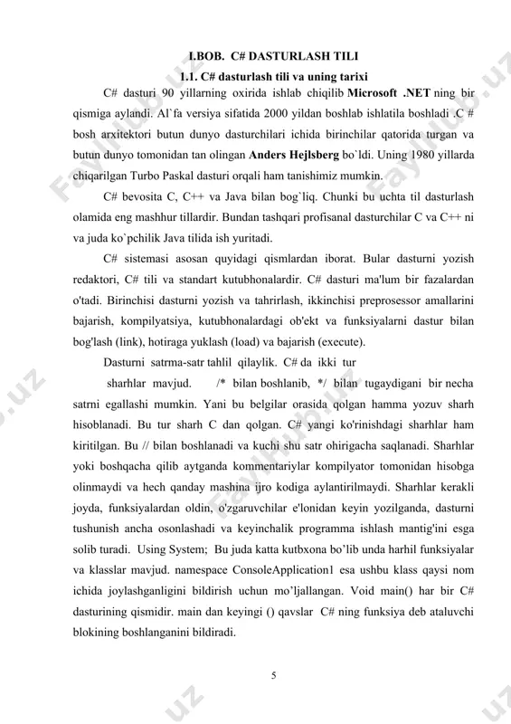 - vertikal tabulyatsiya (bir-necha satr tashlanib o'tiladi). \r - qaytish. kursor ayni satr boshiga qaytadi, yani yangi satrga o'tmaydi. \a - kompyuter dinamiki chalinadi. \\ - ekranga teskari kasr belgisini bosish uchun qo'llaniladi. \" - ekranga qo'shtirnoq belgisini bosish uchun qo'llaniladi. return 0; (return - qaytmoq) ifodasi main() funksiyasidan chiqishning asosiy yo'lidir. 0 (nol) qiymatining qaytarilishi operatsion sistemaga ushbu dastur normal bajarilib tugaganini bildiradi. return orqali qaytadigan qiymat tipi funksiya e'lonidagi qaytish tipi bilan bir hil bo'lishi kerak. bizda bu e'lon int main(){...} edi va 0 int tipiga mansubdir. bundan keyin return orqali qaytarilayotgan ifodani qavs ichiga olamiz. misol uchun return (6). bu qavslar majburiy emas, lekin bizlar ularni dasturni o'qishda qulaylik uchun kiritamiz. hozirgi kunda c# dasturlash tili yuqori bosqichli dasturlash tillari ichida eng samarali dasturlash tillaridan hisoblanadi. c# dasturlash tilida dastur tuzish uchun visual studio .net muhitidan foydalanamiz. c# dasturlash tili obektga mo’ljallangan dasturlash tili hisoblanadi. bilamizki ma’lumotlarni …