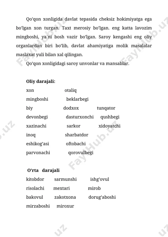 r xitoyga qarashli bo’lgan sharqiy turkiston xududlarida yashaganlar. xviii asr o’rtalarida xitoy imperatorlarining bosimi ostida farg’ona vodiysiga, asosan, o’sh, andijon, shahrixon xududlariga ko’chib kelishgan. ko’chish xix asrda ham davom etgan. ayrim manbalarda ularning soni 80 ming deb ko’rsatiladi. uyg’urlarning bir qismi keyinroq o’z vatanlariga qaytib ketganlar. dunganlar ham uygurlar singari qo’qon-xitoy urushi oqibatida sharqiy turkistondan ko’chib kelganlar. ularning bir qismi xonlik xudidi orqali rossiyaga ko’chib o’tishgan. qolganlari esa xonlik xududiga joylashganlar (xozirgi kunda dunganlar qirg’izistonning chuy vodiysida istiqomat qilishadi ). ruslar va tatarlar ko’proq buxoroda yashashgan. qo’qon xonligida ham uchraydi. ruslar va tatarlar savdo va sayyohlik orqali o’rta osiyoga ko’chib kelishgan. ularni, usta xunarmand bo’lganliklari uchun qo’qon xoni o’z ximoyasiga olgan. tatarlar musulmon bo’lganliklari uchun maxalliy qizlar bilan nikohdan o’tishlari qiyin emas edi. qo’qonlik xunarmand-kosibchilar o’rta osiyo va sharq mamlakatlarida mashhur bo’lishlariga qaramay, shu kunga qadar ularning faoliyatlari xaqida jiddiy ilmiy-tadqiqot ishlari olib borilmagan va umuman umumlashtirilmagan ham. qo’qonda xunarmand-kosibchilik …