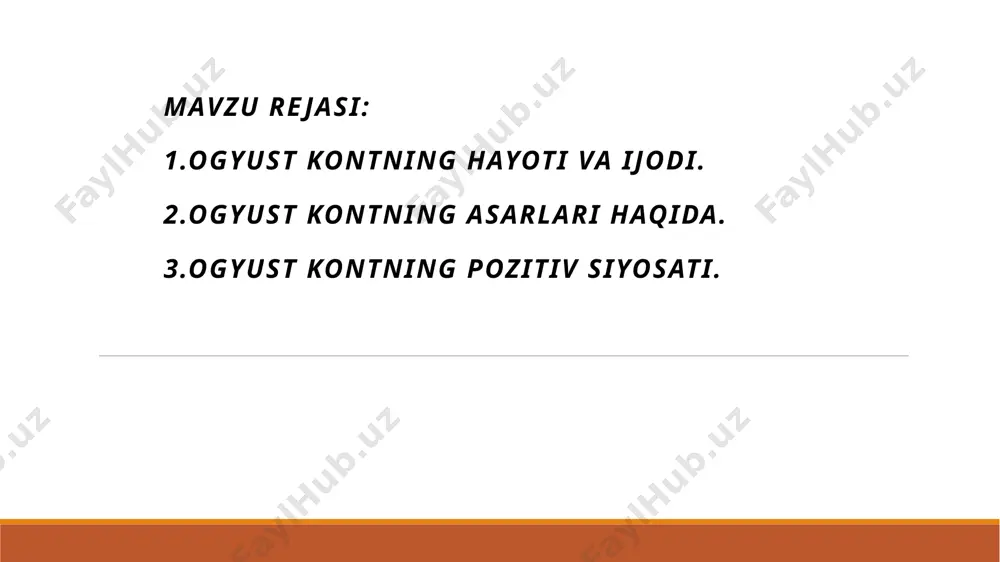 ing hissasi bor edi. politsiya uni monpele jo ‘natdi. parijga qaytib kelgach, u mustaqil hayotni boshdan kechira boshladi. matematikadan xususiy darslar bera boshlaydi. 1817-yil o.kont sen-simonning kotibi bo‘lib ishlaydi. yosh o‘quvchi va mashhur o‘qituvchi o‘rtasida do‘stona munosabat bor edi. o.kont sen-simon maktabining qatnashchilaridan biridir. u sen-simonga nisbatan katta hurmatda bo‘ladi va ko‘p ishlari bilan hamkorlik qiladi. lekin ularning o‘zaro munosabati 1824-yil tugaydi.o.kont boshqa sohaga ishga o‘tadi. 1826-yil kont pullik falsafa ma’ruzalarida qatnashadi. kontning sotsiologiya tarixidagi xizmatlari kattadir. ayniqsa, uning ijobiy bilimlarga tayanish, tarixiy qonuniyatlami tan olish va ta’kidlash, ijtimoiy institutlar va jamiyat tuzilishini o‘rganishga e’tibori, o‘z davrida jamiyatshunoslikning rivojlanishiga katta hissa qo‘shdi. o.kont vafotining 100-yilligi (1957) jahon tinchlik soveti tomonidan keng nishonlandi. undagi katta aql, ensiklopedik bilim jahon ilmiy jamoatchiligi tomonidan tan olindi va yuqori baholandi, ogyust kontning asarlari haqida 1830 - 1842-yillarda o‘zining mashhur 6 tomlik «pozitiv falsafa ruhi» kitobini chop etadi. unda fanlar klassifikat-siyasi, pozitiv falsafa va sotsiologiya …