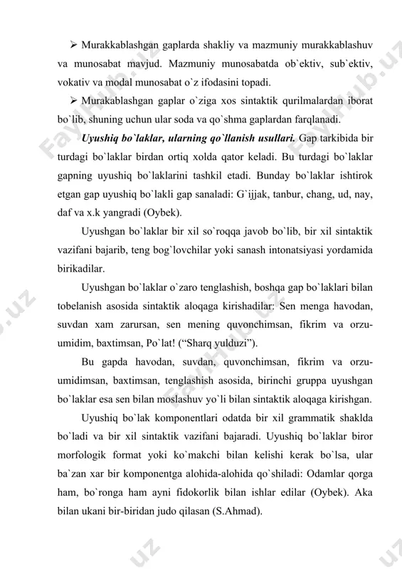 tqning logik-grammatik va stilistik xususiyatlari bilan belgilanadi. xullas, bir xil sintaktik qiymatga ega bo`lgan va ular gapning boshqa bo`lagiga tegishli bo`lib, shu bo`lakka nisbatan birday sintaktik munosabatda bo`lgan birdan ortiq gap bo`laklari uyushiq bo`laklari sanaladi: gapning uyushiq bo`laklarni turli xil atama bilan ataydilar. ayrim atamalar olimlarning asarlarida “uyushiq bo`laklari gaplar”, “gapning uyushiq bo`laklari”, “murakkab gaplar”, “uyushiq kurilmalar” atamalari ishlatiladi. hozirgi o`zbek tilida gap uyushiq bo`laklarining qo`llanishi tasodifiy bo`lmay, balki tarixan shakllangan sintaktik xodisalardir. u o`zining quyidagi xususiyatlari bilan harakatlanadi: uyushiq bo`lak gapda bir xil sintaktik vazifani bajaradi. uyushiq bo`lak komponentlari o`zaro teng bo`ladi va teng bog`lovchilar yordamida bog`lanadi. uyushiq bo`lak o`zi uchun umumiy hisoblangan bo`lak bilan bir xil munosabatda bo`ladi. uyushiq bo`laklar sanash intonatsiyasi orqali talaffuz qilinadi. uyushiq bo`laklar, odatda, bir xil so`z turkumlaridan sanaladi. uyushiq bo`laklarining ma`no munosabatlari. uyushiq bo`laklar gapda o`zaro teng bog`lovchilar bilan, pauza va sinash intonatsiyasi bilan aloqaga kirishadi. o`zaro bir-biri bilan teng bog`langan uyushiq bo`laklar …