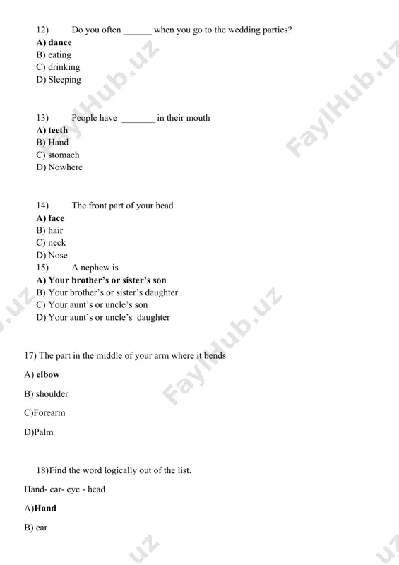 le. a) on b) in c) near d) above 39) there is a vase ….. a tv and a lamp. a) between b) near c) above d) on the right 40) find correct word order. twice/they/swimming/a week/go a) they go swimming twice a week. b) twice they go swimming a week. c) they go swimming a week twice. d) they twice go swimming a week. 41) the girl/mother/ helping/is/her a) the girl is helping her mother. b) her mother helping the girl is. c) the girl is helping mother her. d) her mother is helping the girl. 42) you/know/do/london? a) do you know london? b) you know london do? c) do know you london? d) do london you know? 43) write the time in words. 5.40 a) twenty to six b) seventeen forty c) forty past five d) forty to six 44) choose only nationalities . a) chinese, indian, korean …