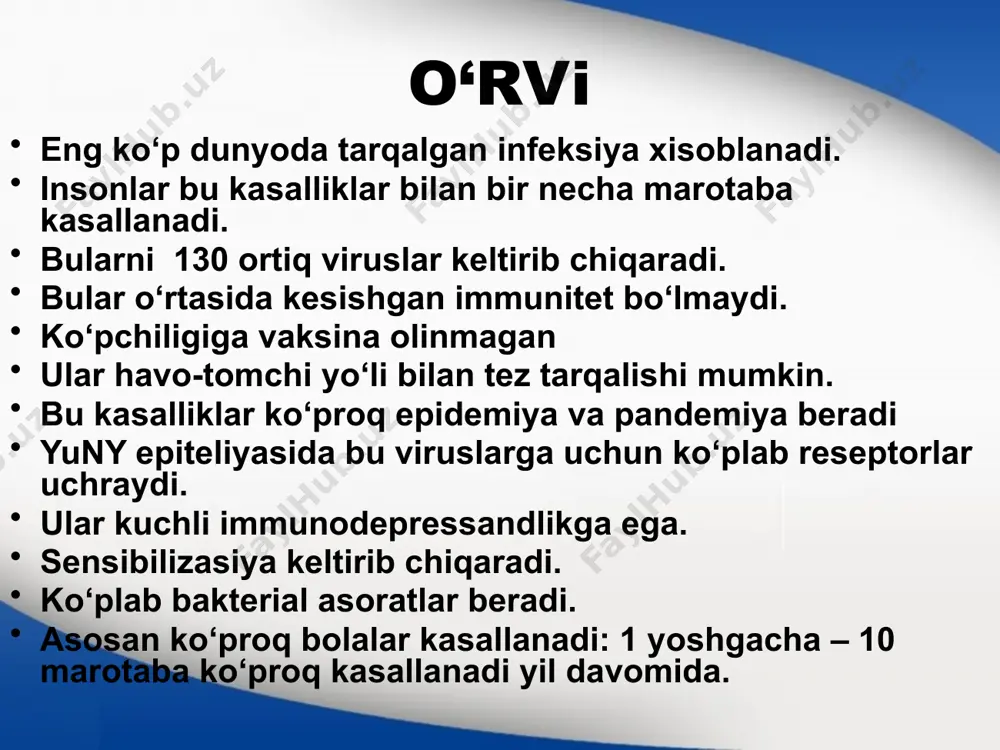 yaxshi o‘sadi, xuj.kul'tur ular yuqori tºs.ga o‘ta sezuvchan gripp viruslardan farqli bo‘lib ular turg‘un bo‘ladi paragripp virusi ular keng tarqalgan. o’rvi orasida = 20%. xos xususiyat - laringit. patogenez infeksiya manbai: bemor odam, tashuvchi. yuqish - aerozol, havo-tomchi sporodik holatda yil davomida uchraydi, yashirin davri = 3-6 kun nafas yo‘llari shil. qavati epitel.xuj.kiradi reproduks. qonga o‘tadi lixoradka va intoksikasiya. grippdan farqliroq laringit + zotiljam bilan og‘irlashadi laboratoriya diagnostikasi klinik belgilarga qarab rpga + rtga qo‘sh zardob bilan. xuj. kul'turasi gemadsorbsiya reaksiyasi nusbat davolash va profilaktikasi davolash: simptomatik, grippga o‘xshash . profilaktikasi: grippga o‘xshash, maxsus profilaktikasi – yo‘q. epidemik parotit virusi o‘ta yuqumli virusli infeksiya, ko‘proq bezli a'zolar shikastlanadi: so‘lak, ko‘krak, jinsiy, oshqozon osti, mns. kasallik keng tarqalgan patogenez manbai: bemor odam, tashuvchi. yuqish yo‘li: havo-tomchi yashirin davri = 14-21 kun og‘iz bo‘shlig‘idan o’tib ko‘loq oldi bezi reprodusir. qonga butun organizmga bezlarni shikastlaydi bezlarda spesifik yallig‘lanish va nekroz. quloq oldi bezi …