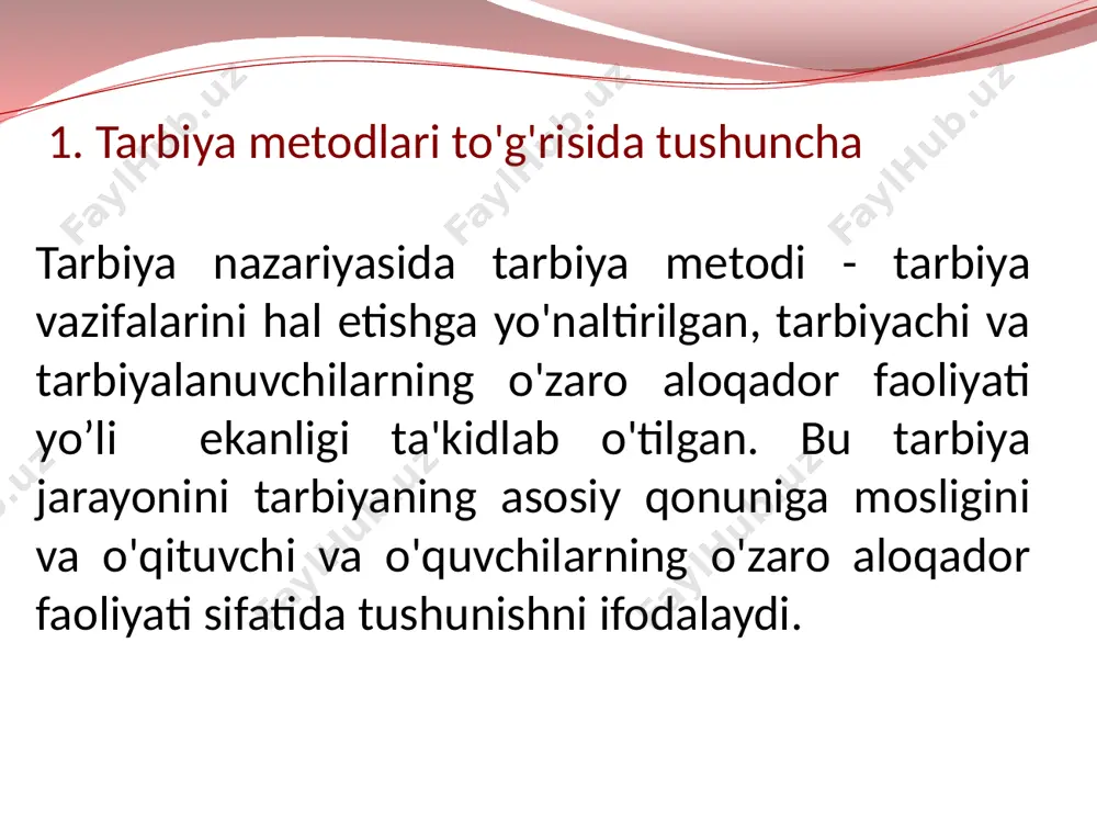 yorlarida ifodalanadi. mashq - muayyan xatti-harakatiarni k o ' p marotaba takrorlashga qaratilgan harakat mohiyatini ifodalovchi metod hisoblanadi. tarbiya amaliyotida mashqning quyidagi turlari mavjud: 1) faoliyatda mashq qilish; 2) kun tartibi doirasida bajariladigan mashqlar; 3) maxsus mashqlar. tarbiyaviy vaziyatlar — bu harakatga undov, tanlash holati bo'lib. tarbiyachi tomonidan maxsus taslikil etilishi ham mumkin. xulq va faoliyatni stimullashtiravchi metodlar. taqdirlash —bu tarbiyalanuvchi va guruh a'zolarini xulq-atvorini, xattiharakatlarini, fazilatlarini ijobiy baholash, ma'qullashda ifodalanadi. rag’bat turlari: 1) o'quvcliining zimmasiga mas'uliyatli vazifani yuklash; 2) maqtashi; 3) estalik sovg'asini berish; 4) maqtov yorlig'i bilan taqdirlash; 5) maxsus stipendiyalar tayinlash; 6) qo'llab-quwatlash; 7) fotosuratni hurmat taxtasiga qo'yish; 8) j a m o a nomidan mimiatdorchilik bildirish; 9) safdabirinchi o'rnida turishini ta'minlash; jazolash — bu xulq normalariga qarama-qarshi bo'lgan xattiharakatlarni salbiy baholashda ifodalanadi. jazolash metodi salbiy xattiharakat sabablarini tahlil etishni, o'quvchi shaxsini kamsitmaslikni, obdon o'ylab chiqilgan xatti-harakatlarni talab etadi. tarbiya jarayonida jazolash metodini qo'llashda quyidagi jazo choralari …