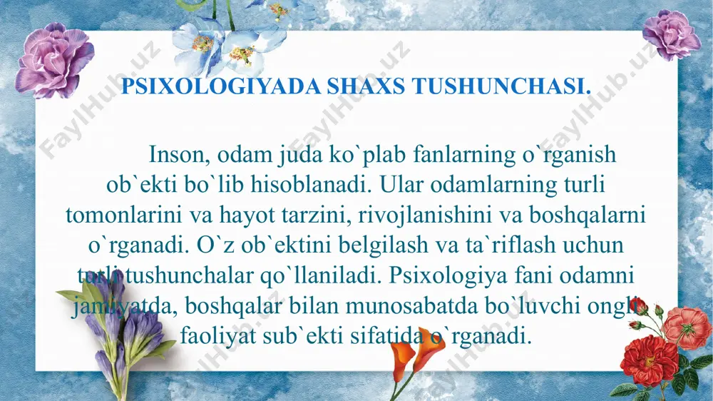 igi va o`zaro bog`liqligi uning psixologik tuzilishini, dinamik strukturasini hosil qiladi. shaxsni, uning tuzilishini o`rganishdan maqsad nima? shaxsni, uning tuzilishini o`rganishdan maqsad uni boshqa odamlardan ajratib turuvchi individual xususiyatlarni aniqlashdir. 7 psixologiya tarixida shaxs rivojlanishi va takomillashuvini harakatlantiradigan kuchlar va manbai masalasini hal etishning ikkita yo`nalishi mavjud bo`lgan. bu yo`nalishlar rivojlanishning biogenetik va sotsiogenetik kontseptsiyalari nomini olgandir. 8 biogenetik kontseptsiya inson shaxsining rivojlanishi biologik, asosan tabiiy omillar bilan belgilanishiga asoslanadi. shuning uchun ham shaxsning rivojlanishi ichki sabab natijasida (o`z - o`zidan) sodir bo`lish xususiyatiga egadir. 9 sotsiogenetik kontseptsiya shaxsni tevarak - atrofdagi ijtimoiy mohiyatning bevosita ta`siri natijasi deb, muhitdan olingan nusxa deb hisoblaydi. bunda ham xuddi biogenetik kontsentsiyadagi kabi rivojlanib borayotgan kishining xususiy faolligini inobatga olinmaydi, uning tevarak atrofdagi vaziyatga moslashayotgan mavjudotga xos sust rol o`ynashigina mumkin deb hisoblanadi. 10 shaxsning rivojlanishining harakatlanuvchi kuchlari kishining faoliyatiga o`zgarib turuvchi ehtiyojlari bilan ularni qondirishning real imkoniyatlari o`rtasidagi ziddiyatlari bilan aniqlanadi. 11 shaxsning …