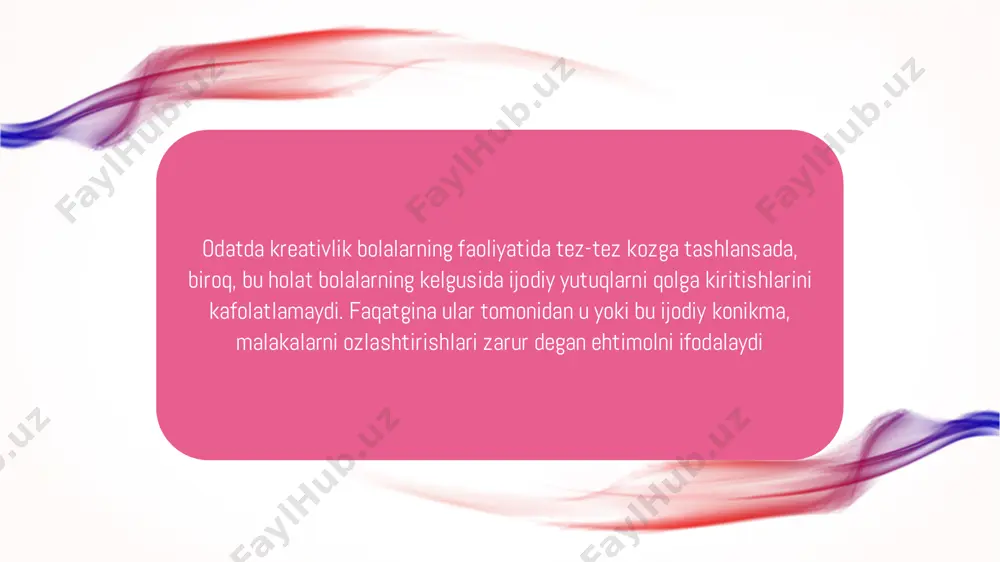 li tamoyilidan foydalanish pedagogik faoliyat uchun yangilik emas. kreativlikning mohiyati muammoli xarakterga ega bolib, u muammoning nostandart yechimini topishdan iborat. 2. ijodiy yonalish tamoyili. bu tamoyil nafaqat reproduktiv, balki ijodiy faoliyat konikmalarini rivojlantirishni ham oz ichiga oladi. kreativlikni rivojlantirish faqat maqsadli xarakterga ega bolmasligi kerak, yaniki erishilayotgan natija amaliyot songida natijaga erishish degan fikrdan yiroq bolishi lozim. 3. butunlilik va izchillik tamoyili. bu tamoyil ijodkorlikni rivojlantirish dasturi tuzilmasi yaxlitlilik, izchillik, toliqlilikni talab qiladi. faqat shu holatda qoyilgan maqsadga erishish uchun vosita va usullarni tanlashning maqsadga muvofiqligi haqida gapirish mumkin. 4. individuallashtirish tamoyili. ushbu tamoyilning asosiy jihati har bir talabaning individual tarbiyaviy ish uslubini, uning shaxsiy rivojlanishining oziga xos trayektoriyasini va ruhiy jarayonlarning ishlash xususiyatlarini hisobga olishdan iborat. • international • day of e'tiboringiz uchun rahmat! • e'tiboringiz uchun rahmat! • sept 21 • (u n i t e d s t a t e s) zoho show to create beautiful …