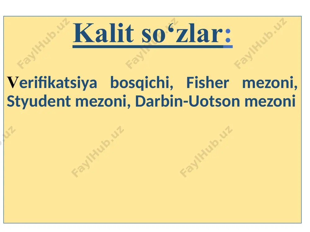 di; modelning parametrlarini ishonchliligi styudent mezoni bo‘yicha baholanadi; - darbin-uotson mezoni yordamida «eng kichik kvadratlar usulining» bajarilish shartlari tekshiriladi. approksimatsiya xatoligi n - kuzatuvlar soni; y - asosiy omilni haqiqiy qiymatlari; ŷ - asosiy omilni tekislangan qiymatlari. approksimatsiya xatoligi 10% gacha bo’gan qiymatni qabul qilinadi. fisherning mezoni. ingliz statistigi fisher korrelyatsion va regression tahlillarning ishonchliligini tekshirish uchun logarifmik funksiyadan foydalanish usulini ishlab chiqdi: z - taqsimot kichik tanlamada normal taqsimotga yaqin bo‘ladi. f.mills va da ( bosh to‘plamda korrelyatsiya koeffitsienti) va ning o‘rtacha kvadratik xatosi quyidagi formula bo‘yicha aniqlanadi: - o‘rtacha kvadratik xato. fisher mezoni yordamida to‘liq modelni adekvatligini, ya’ni real iqtisodiy jarayonga mosligini tekshirish mumkin: n - kuzatuvlar soni; m - modeldagi ta’sir etuvchi omillar soni; r - ko‘p omilli korrelyatsiya koeffitsienti. hisoblangan fisher mezoni jadvaldagi qiymati bilan solishtiriladi. jadvaldagi fisher koeffitsientini topish uchun qator va ustunni aniqlash zarur va agar: model ahamiyatli, ya’ni regressiya tenglamasi turi to‘g‘ri aniqlangan …