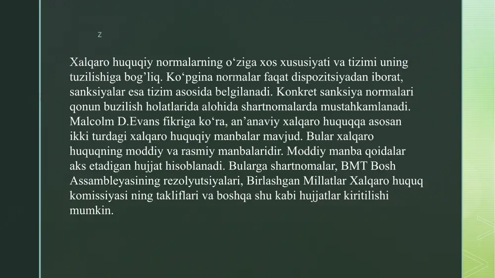 boshqa xalqaro-huquqiy normalar kabi xalqaro huquqning odat normalari ikkita bosqichda paydo bo'ladi: z 1 yurish-turish qoidalarini kelishib olish; 2 kelishilgan yurish-turish qoidalariga xalqaro-huquqiy nonnaning yuridik kuchini berish. u yoki bu qoidani odat normasi sifatida qabul qilish xalqaro huquq subyektlariga bog'liq tarzda bo'ladi hamda turli xil shakllarda namoyon bo‘ladi (davlat organlarining yuridik ahamiyatga ega harakatlari, qonunchilik va sud organlarining rasmiy bayonoti, yozishmalari, qarorlari). shuningdek, yurish-turish qoidalarini odat normasi sifatida tan olinishi faol harakatlar orqali yoxud ushbu harakatdan o‘zini tiyish orqali ham amalga oshirilishi mumkin. biron davlatning xalqaro huquqning boshqa bir subyektining xatti-harakatlariga nisbatan qarshilik bildirmasligi ushbu harakatning qonuniyliginii tan olganligidan dalolat beradi. z gfr bilan daniyaning va gfr bilan niderlandiyaning 1969-yildagi shimoliy dengizning kontineral shelfi bo'yicha nizoli ishida bmt xalqaro sudi odat huquq normasini shak/lanjirishning ikki xil shartini belgiladi. sudning fikricha, ”tegishli xatti-harakatlar mavjud amaliyotni tashkil qilishi, lekin ushbu harakatlar shunday amalga oshirilishi kerakki, unda mazkur amaliyot huquq normasining mavjudligi bo'yicha …