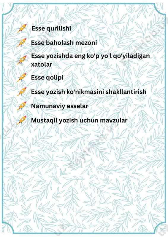 a xatolik kuzatilmagan. esse xatboshlarga to‘g‘ri ajratilgan. mantiqiy- qurilishda 1-2 o‘rinda xatolik bor. mantiqiy- qurilishda 3-4 o‘rinda xatolik bor. mantiqiy- qurilishda 5-6 o‘rinda xatolik bor. mantiqiy- qurilishda 7 va undan ko‘p o‘rinda xatolik bor. 6 mantiqiy- mazmuniy izchillikka to‘liq rioya qilingan. fikrlar takrori yo‘q. fikrlar takrori 1-2 o‘rinda, lekin izchillik saqlangan. fikrlar takrori 3-4 o‘rinda. fikrlar takrori 5-6 o‘rinda. fikrlar takrori 7 va undan ortiq o‘rinda, izchillik buzilgan. umumta'lim fanlarini bilish darajasini baholashning milliy test tizimi doirasida ona tili va adabiyot fanidan talabgorlarning bilim darajasini aniqlash va sertifikatlash uchun qo'llaniladigan test topshiriqlari tarkibidagi yozma ish (esse)ni baholash mezoni t/r 2 ball 1,5 ball 1 ball 0,5 ball 0 ball til birliklari uslubiyati 9 qo‘shimcha qo‘llash bilan bog‘liq xatolik yo‘q. qo‘shimcha qo‘llash bilan xatolik 1-2 ta. qo‘shimcha xatolik 3-4 ta. qo‘shimcha xatolik 5-6 ta. qo‘shimcha xatolik 7 va undan ko‘p. 10 so‘z qo‘llashda uslubiy xatolik yo‘q. uslubiy xatolik 1-2 o‘rinda. uslubiy …