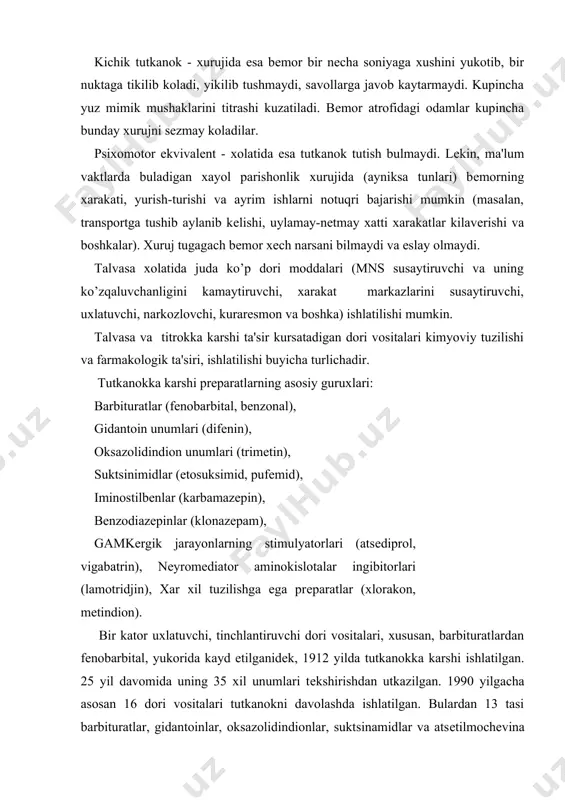 ususan, barbituratlardan fenobarbital, yukorida kayd etilganidek, 1912 yilda tutkanokka karshi ishlatilgan. 25 yil davomida uning 35 xil unumlari tekshirishdan utkazilgan. 1990 yilgacha asosan 16 dori vositalari tutkanokni davolashda ishlatilgan. bulardan 13 tasi barbituratlar, gidantoinlar, oksazolidindionlar, suktsinamidlar va atsetilmochevina unumlari xisoblanadi. ular asosan bosh miya pustlok kismidagi xarakat zonalarining kuzgaluvchanligini zaiflashtiradi, shu bilan birga talvasaga sabab bulgan patologik uchokdan impulslar tarkalishini (irradiatsiyasini) susaytiradi. preparatlar ta'sirida neyron devori pardalari barkarorlashadi, bu esa uz navbatida refrakter davrni uzaytiradi va neyronlararo impulslar utishini kamaytiradi. xullas, talvasa va titrokka karshi kullanadigan dori vositalarining ta'sir mexanizmi xozirgacha batafsil urganilmagan. umuman olganda, ularning ta'siri turlicha bulib, neyrofiziologik va neyrokimyoviy jarayonlarga karatilgan. jumladan, bu dori vositalari ta'siri bosh miyadagi tormozlovchi mediator xisoblangan gamma-aminomoy kislotasining (gamk) ortishi bilan tushuntiriladi. bundan tashkari, ularning ta'siri nervlar oxiridagi adenozin uch fosfatazaga karatilgan bulib, mediator ajralishini buzadi degan fikr xam bor. kiskacha kilib aytganda dori vositalarining ta'siri natijasida gamk-tormozlovchi mediatorni mikdori oshib, kuzgalishni …