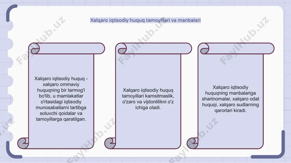 avlatlarning roliga qaratilgan o'rganish sohasi. davlatlar bu sohada qonunlar va me'yoriy hujjatlar qabul qilish, xalqaro savdo shartnomalari bo'yicha muzokaralar olib borish va xalqaro iqtisodiy tashkilotlarda ishtirok etish orqali hal qiluvchi rol o'ynaydi. ularning harakatlari jahon iqtisodiyotiga sezilarli ta'sir ko'rsatadi va xalqaro iqtisodiy munosabatlarni tartibga soluvchi qoidalar va me'yorlarni shakllantirishi mumkin. xalqaro iqtisodiy huquqda nodavlat subyektlarning roli nodavlat sub'ektlar xalqaro iqtisodiy huquqda, savdo bitimlari va investitsiya siyosatini shakllantirishda muhim rol o'ynaydi. ko‘pmillatli korporatsiyalar, nodavlat tashkilotlar va xalqaro moliya institutlari ushbu qonunlarni ishlab chiqish va amalga oshirishga hissa qo‘shmoqda. ularning ishtiroki ko'pincha kuchlar muvozanatiga ta'sir qiladi va jahon iqtisodiyotida paydo bo'layotgan muammolarni hal qilishga yordam beradi. 1 2 3 xalqaro iqtisodiy huquqning tatbiq etilishi xalqaro iqtisodiy huquq davlatlar o'rtasidagi iqtisodiy faoliyatni tartibga solish va global savdoni rivojlantirish uchun juda muhimdir. xalqaro iqtisodiy huquqni qo'llash mamlakatlarning jst kabi xalqaro tashkilotlar tomonidan belgilangan qoidalar va qoidalarga rioya qilishlarini ta'minlaydi. ushbu qoidalar adolatli va ochiq …