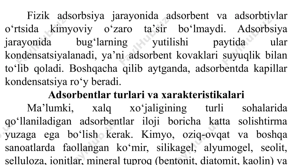 . adsorbsiya jarayonida adsorbtiv qatlamining to‘yinish paytigacha ishlash vaqti, adsorbsiya ko‘lamining tashkil etish davri deb nomlanadi. adsorbentning butun qatlami bo‘yicha adsorbsiya zonasi vaqt o‘tishi bilan qatlamda adsorbtiv konsentratsiyasi ravon o‘zgaradi. natijada. adsorbsiya ko‘lami qandaydir o‘zgarmas tezlik bilan siljiydi. adsorbtivning «o‘tib ketishiga» to‘g‘ri keladigan vaqtdan boshlab adsorbent qatlamining adsorbsion yoki himoyalovchi ta’siri tamom bo‘ladi. adsorbent qatlamidan adsorbtivning «o‘tib ketish» vaqtiga mos keladigan o’rtacha konsentratsiyasi qatlamning dinamik faolligi deb ataladi. adsorbsiya jarayoni boshlanishidan muvozanat holatigacha adsorbent massasi birligida yutilgan modda miqdori adsorbentning statik faolligi deyiladi. ma’lumki, dinamik faollik har doim statik faollikdan kichik bo‘ladi. demak. adsorbentning sarfi uning dinamik faolligiga qarab tanlanadi. adsorbent qatlami ishlatilishining frontal (qatlamli) modeli prof. shilov i.a. tomonidan yaratilgan. yutilayotgan modda konsennatsiyasi boshlang‘ichdan «o‘tib ketish» konsentratsivasigacha o‘zgarayotgan adsorbent qatlamining ha qismi ishchi qatlam deyiladi. ushbu jarayonga to’g’ri keladigan vaqt - himoya qilish vaqti deyiladi. prof. shilov i.a. tomonidan o‘zgannas tezlik // da adsorbsiya ko‘lamining siljishini ifodalash uchun tegishli …