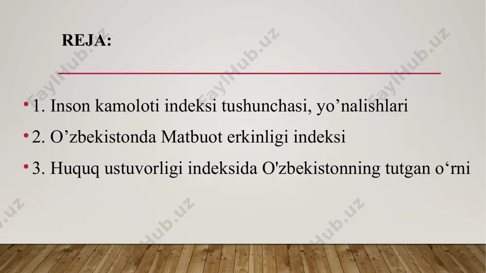 naviy.matbuot erkinligining ijtimoiysiyosiy asosi matbuotning qaysi ijtimoiy borlikda, qanday tuzumda faoliyat koʻrsatishi, qaysi ijtimoiy ongning koʻrinishi ekanligi, qaysi mafkura va gʻoyalarga xizmat qilishidan kelib chiqadi. matbuot erkinligining mazkur bosh asosi uning huquqiy imkoniyatlari bilan ifodalanadi: har bir jamiyat, har bir tuzum matbuot erkinligi huquqini belgilar ekan, uning faoliyatini maʼlum qonunlar, koʻrsatmalar, bu borada olib boriladigan siyosat bilan belgilab qoʻyadi. huquq ustuvorligi indeksi - har yili world justice project xalqaro nodavlat tashkiloti tomonidan tuziladi va 8 ta indikatorni - «hokimiyat vakolatlarining cheklanganligi», «korrupsiyadan xolilik», «davlat institutlari faoliyati ochiqligi (shaffofligi)», «asosiy huquqlarni himoya qilish», «tartib va xavfsizlik», «huquqni muhofaza qilish», «fuqarolik va jinoiy odil sudlov»ni o‘z ichiga oladi. mazkur indeksda o‘zbekistonga berilgan baho mamlakat xalqaro hamjamiyatda ijobiy imijini shakllantirishda muhim omil hisoblanadi. mamlakat umumiy ro‘yxatda serbiya, albaniya, xitoy, belarus, qirg‘iziston, rossiya, turkiya va boshqa davlatlarni ortda qoldirib, 140 ta davlat orasida 78-o‘rinni egalladi. foydalanilgan manbalar https://xs.uz/uz/post/ozbekiston-huquq-ustuvorligi-indeksida-140-davlat-orasida-78-orinni-egalladi https://cityeconomy.uz/uz/news/uzb-yangiliklari/ozbekiston-respublikasi-inson-kamoloti-indeksida-106-orinni-egalladi https://kun.uz/uz/news/2020/04/21/matbuot-erkinligi-indeksi-ozbekiston-156-orinda image2.jpeg image3.jpeg image4.jpeg image1.jpg …