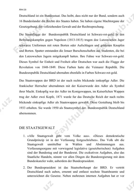 kende ienkopfige adler. die frankischer herrscher ubernahmen mit der kaiserwurde den adler als symbol ihrer macht. einkopfig war der adler im konigswappen, im kaiserlichen wappen trug der adler zwei kopfe, 1871 wurde fur das deutsche reich der nach rechts blickende einkopfige adler als staatswappen gewahlt. diese gestaltung bleib bis 1933 erhalten. sie wurde 1950 als staatssymbol der bundesrepublik deutschland ubernommen. die staatsgewalt 1. «alle staatsgewalt geht vom volke aus». «dieses demokratische grundprinzip ist in der verfassung festgeschrieben». das volk ubt die staatsgewalt unnittelbar in wahlen und abstimmungen aus. verfassungsorgane mit vorwiegend legislative (gesetzberischen) aufgaben sind der bundestag und der bundesrat. die exekutiven aufgaben, also das staatliche handeln, nimmt vor allen dingen die bundesregierung mit dem bundeskanzler wahr, auberdem der bundesprasident. 2. der bundesprasident ist das staatsoberhaupt der brd. er vertritt deutschland nach auben, ernennt und entlasst nochste staatsbeamte und unterzeichnet die gesetze. neben mehrenen internen aufgaben hat er vor allen …