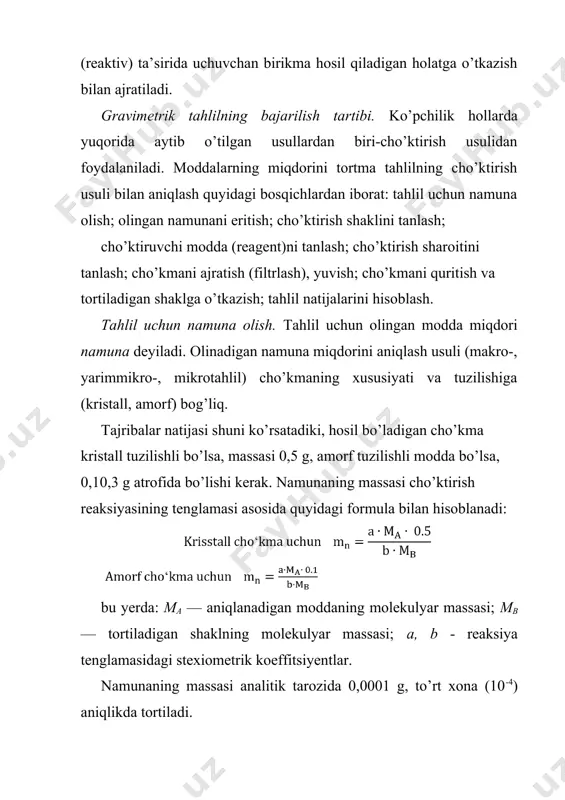 nam ta’sirida o’zgarmasligi; -katta molekulyar massaga ega bo’lishi kerak. cho’ktiruvchi modda (reagent)ni tanlash. cho’kma ko’rinishiga qo’yiladigan talablar cho’ktiruvchi moddani (reagentni) to’g’ri tanlashni talab qiladi. masalan: ba2+-ni bir necha hil qiyin eruvchan birikmalar ko’rinishida cho’ktirish mumkin. qaysi bir cho’ktiruvchi aniqlanayotgan moddani to’la cho’kish imkonini bersa, ya’ni hosil bo’ladigan cho’kma eruvchanlik ko’paytmasining qiymati eng kichik bo’lsa, shu cho’ktiruvchidan foydalanish kerak. masalan, ba2+ ionini cho’ktirish uchun cho’ktiruvchi modda tanlashda bariyning quyidagi kam eruvchi tuzlari eruvchanlik ko’paytmalarini solishtirish mumkin: bu yerda eruvchanlik ko’paytmasi eng kichigi baso4. shuning uchun ba2+ baso4 holida cho’ktirilishi kerak ekan. demak, cho’ktiruvchi sifatida h2so4; na2so4; k2so4, ya’ni tarkibida so4-2 ioni bo’lgan, suvda yaxshi eriydigan moddalardan foydalanish kerak. cho’ktiruvchiga qo’yiladigan asosiy talablar quyidagilar: -kam eruvchan cho’kmani (birikma) tez va oson hosil qilishi; -selektiv bo’lishi, ya’ni faqat shu aniqlanayotgan modda bilan cho’kma hosil qilib, boshqa ionlar bilan reaksiyaga kirishmasligi; -oson haydalishi yoki ajralishi lozim. shunga ko’ra sulfatlarni cho’ktirish uchun h2so4, gidroksidlarni cho’ktirish …