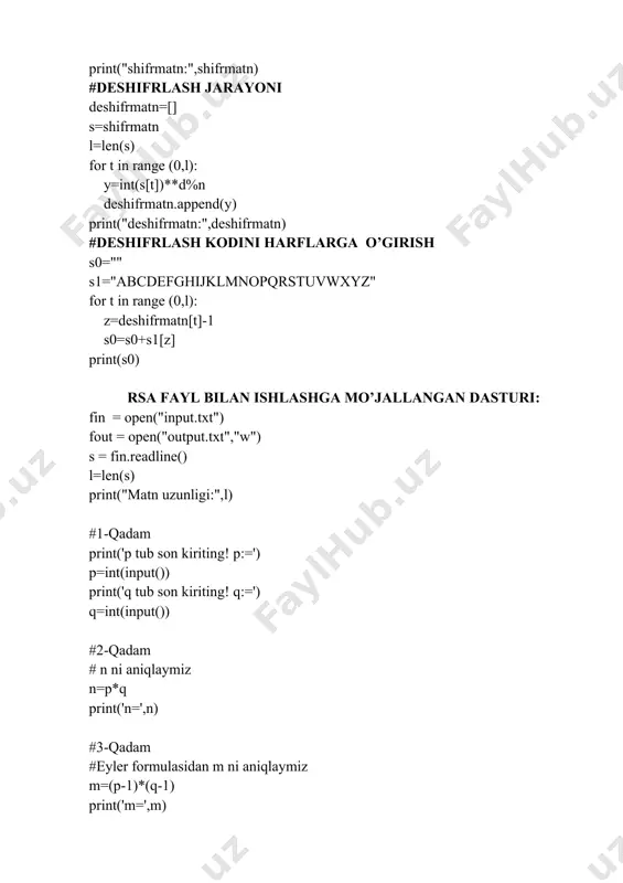 rmatn2) fout.write("\n") fout.write(str(ss)) fin.close() fout.close() i=input("deshifrlash muofoqiyatli bajarildi!!!") keys topshiriq: microsoft visual studio muhitining windowsformsapplication c# dasturlash tilida rsa algoritmi loyihasini bajarish tartibi. microsoft visual studio muhitida loyiha yaratish uchun: 1. microsoft visual studio ilovasini https://visualstudio.microsoft.com rasmiy saytida yuklaymiz va komputerrimizga o’rnatamiz. 2. microsoft visual studio ilovasini ishga tushiramiz. 2.1- rasm. microsoft visual studio ilovasi bosh oynasi. 3. unda new project->visual c#-> windowsformsapplication ni tanlaymiz. 2.2-rasm. windowsformsapplicationni tanlash. 4. windowsformsapplicationning oynasi obyektlar joylashtirish. 2.3-rasm. windowsformsapplicationning asosiy oynasi. c# dasturlash tilida rsa algoritmi loyihasining kodi: using system; using system.collections.generic; using system.componentmodel; using system.data; using system.drawing; using system.linq; using system.text; using system.threading.tasks; using system.windows.forms; namespace windowsformsapplication6 { public partial class form1 : form { int m; public form1() { initializecomponent(); } private void label5_click(object sender, eventargs e) 74 } private void button1_click(object sender, eventargs e) { int p = int.parse(textbox1.text); int q = int.parse(textbox2.text); int n = p * q; m = …