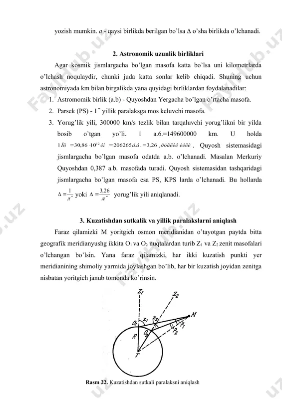 yerning quyoshdan o’rtacha masofasi, astronomik birlik kattaligini topish mumkin. astronomik birlikni o’lchash aniqligi to’la quyosh paralaksini topish aniqligiga bog’liq bo’ladi. yuqorida aytilgan metoddan foydalanib aniqlangan quyosh paralaksini xatosi katta bo’ladi, bu xato birinchidan quyoshning yerdan uzoq masofada joylashganligiga bog’liq bo’lsa, ikkinchidan quyosh nuri ta’siri ostida asboblarni isitilishiga bog’liq bo’ladi. shuning uchun quyosh paralaksi teskari yo’l bilan, yerga, quyoshga nisbatan yaqinroq keluvchi sayyora paralaksini o’lchash yo’li bilan o’lchanadi. xx asrgacha buning uchun mars sayyorasining buyuk qarama-qarshi turish paytidan foydalanilgan. mars buyuk qarama-qarshi turish paytida yerga 55 mln km masofada bo’ladi. qarama-qarshi turish payti buyuk deyiladi. agar bu paytda sayyora orbitasining perigeliy nuqtasi yaqinida bulsa marsning oxirgi buyuk qarama-qarshi turish holati i988 yili kuzatilgan. faraz qilamizki sayyora buyuk qarama-qarshi turish vaqtida, t-yer q- quyosh va m - sayyora bir to’g’ri chiziq ustida joylashsin. yerdan quyoshgacha masofa 1 a.b. - ga teng bo’lsin, sayyora esa perigeliy nuqtasida ( masofada turgan bo’lsin. bunda a …