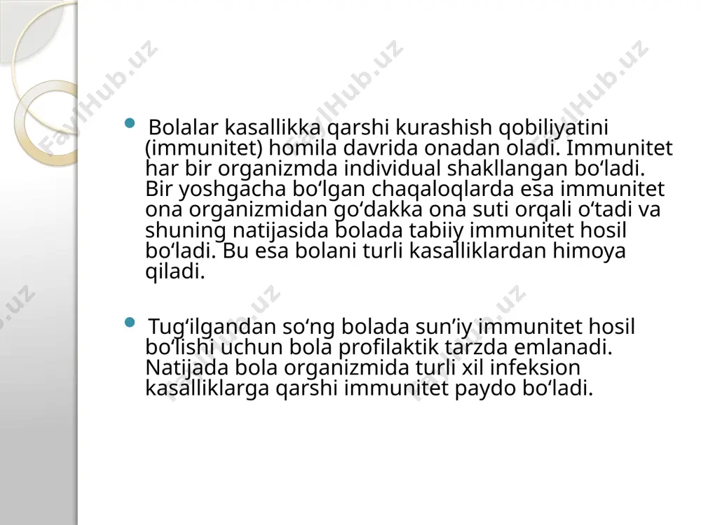 din tug‘ilsa, u ham tez-tez kasallikka chalinish xavfi bo‘lgan guruhga kiradi. allergiya bunda bolaning aynan nimaga reaksiyasi borligi muhim emas. tibbiyot xodimlari atopik dermatit, oziq-ovqatlar allergiyasi, pollinoz, bronxial astma va burun-xalqum infeksiyalarining hammasi uchun bitta gen javob berishini isbot qildi. u ham nasldan naslga o‘tadi. to’g’ri ovqatlanmaslik bola ratsionida vitaminlar, oqsil, mikroelementlar, kletchatkalarning kamligi yoki u sun’iy ovqatlar bilan boqilayotgan bo‘lsa, bu immunitet uchun iz qoldirmasdan o‘tib ketmaydi. noto’g’ri yashash tarzi agar bola uyda o‘tirsa, kamdan-kam sayrga chiqsa, sport bilan shug‘ullanmasa va toza havoda faol o‘yinlar o‘ynamasa uning virusga chalinish xavfi yuqoriroq bo‘ladi. jamoat transportlarida ko‘p yuradigan, yopiq joydagi guruhlar ichida ko‘p shug‘ullanadigan, bolalar bog‘chasiga boradigan, turli xil tadbirlarga va odamlar to‘planadigan joylarga ko‘p qatnashadigan bolalar haqida ham xuddi shuni aytish mumkin. e’tiboringiz uchun rahmat image2.jpg /docprops/thumbnail.jpeg