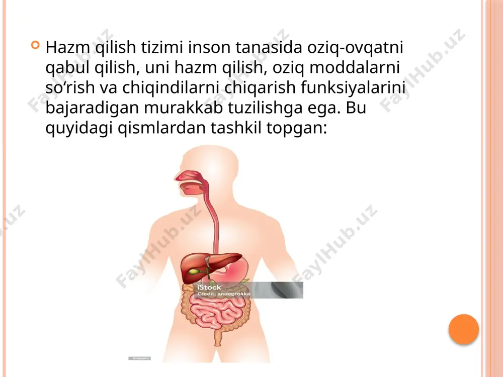 ar). ichak faoliyatini rag‘batlantirish: iliq suv yoki tabiiy ich ketkazuvchi vositalarni tavsiya qilish. dorilarni nazorat qilish: shifokor buyurgan ich ketkazuvchi vositalar yoki probiotiklar qabul qilinishini nazorat qilish. psixologik yordam: bemorni stress va asabiylikdan himoya qilish, tinchlantirish. shifokor tavsiyasiga ko’ra tozalovchi va moyli huqnalarni amalga oshirish. meteorizm meteorizm – hazm yo’llarida gazlarning ortiqcha to’planishi natijasida qorinning dam bo’lishidir. sabablari: noto’g’ri ovqatlanish( gaz hosil qiluvchi mahsulotlar – gazli ichimlik yog’li va shakarli ovqatlarni ko’p iste’mol qilish) hazm a’zolari kasalliklari(gastrit, pankreatit, disbakterioz, laktaza fermenti yetishmovchiligi) qorin bo’shlig’i operatsiyalaridan keyin ham ichaklarda gazlar to’planadi meteorizmda hamshiralik parvarishi bemor ovqatida uglevodlarni cheklash kuniga 2-3 mahal faollashgan ko’mir berish moychechak yoki ukrop damlamalarini berish bemor faol holatda bo’lsa jismoniy faollikka undash qorinning pastki qismiga isituvchi kompresslar qo’llash shifokor tavsiyasiga ko’ra ferment va probiotiklar berish og’ir holatlarda gaz chiqaruv naychasini qo’llash e’tiboringiz uchun tashakkur! image2.png image3.jpg image4.png image5.png image6.png image7.png image8.png image9.png image10.png image11.png image12.png image13.png image14.png …