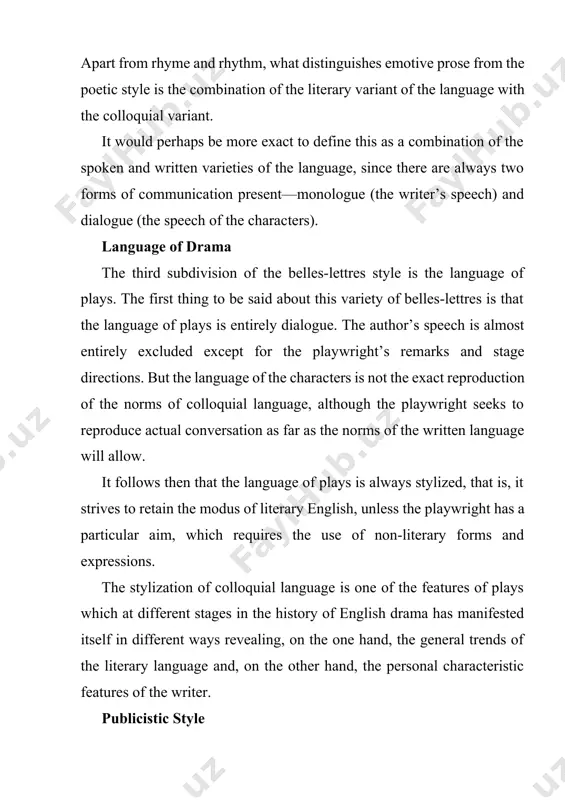 tive features. unlike other styles, the publicistic style has a spoken variety, namely, the oratorical substyle. the development of radio and television has brought another new spoken variety, namely, the radio and tv commentary. the other two substyles are the essay (moral, philosophical, literary) and journalistic articles (political, social, economic) in journals and magazines. the oratorical substyle is used in public speeches, addresses, parliamentary debates and printed publicist works, which are addressed to a broad audience and devoted to important social or political events, public problems of cultural or moral character. publicist style requires eloquence and such works are often full of sds. such communication requires clarity in the presentation of ideas, and its aim is to convince the readers / listeners of the truth of the ideas expressed, and at the same time to produce and emotional impression on the audience. thus, the main features of this style are …