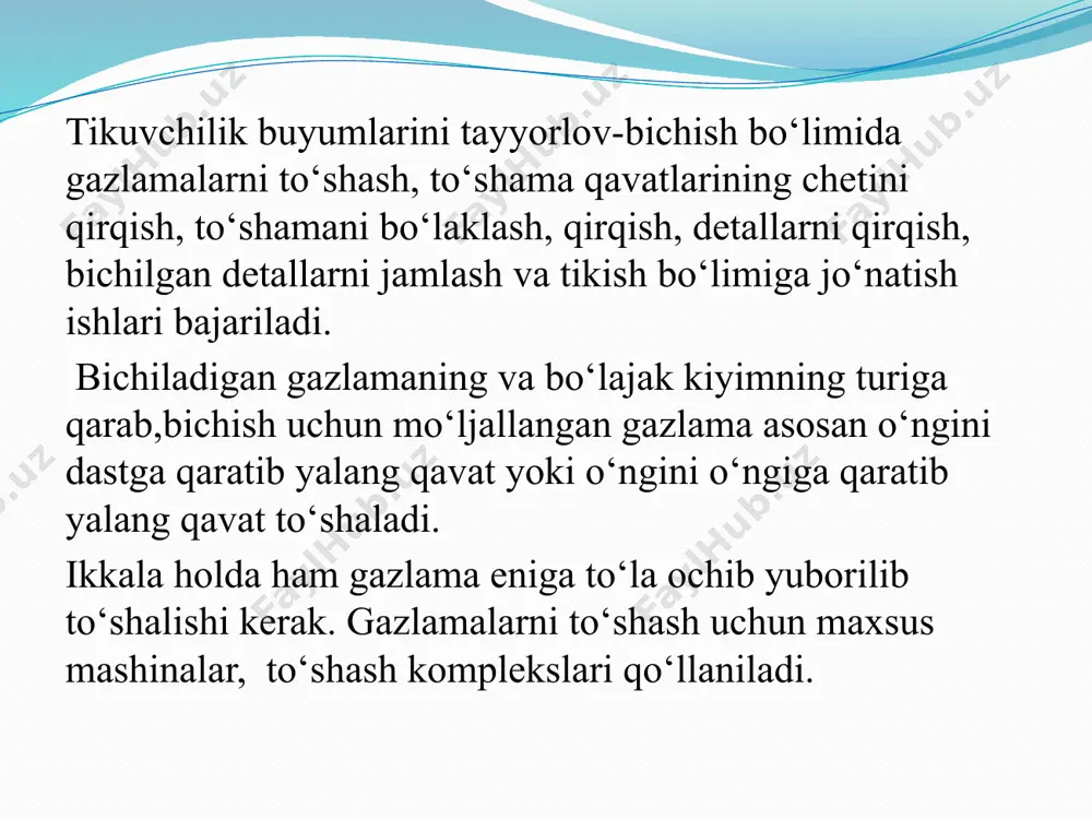 kartasida nazarda tutilganidan kam bo‘ladi. shuning uchun bu mashinada gazlama ko‘proq tejaladi. tajribalar o‘lchab qirqish mashinasidagi qirqim odatdagiga nisbatan 25–50 foiz kam bo‘lishi mumkinligini ko‘rsatdi. o‘lchab qirqish mashinasida gazlama tekisroq qirqilgani sababli qirqim notekisligi natijasidagi chiqindilar 2–2,5 marta kamayadi. raqamlashgan avtomatik to‘shama to‘shash mashinasi. bichuv sexida gazlama va gazlama bo‘laklarini tashish uchun qurulma va jixozlar mexanizatsiyalashgan to‘shma to‘shash mashinasi. mnt-2-00-000 to‘shama to‘shash mashinalari: 1-yo‘naltiruvchi rolik; 2-mato;3-yotqizuvchi arava; 4-qavat. kw-190/210 gazlama va trikotaj uchun avtomatik yoyish mashinasi; kt-190/210. ts2 quvurli matolarni kesish uchun avtomatik yoyish mashinasi sl1 gazlamalarni yoyish mashinasi mtt1 master turn stol avtomatik yoyuvchi mashina gazlamani aylanib yoyuvchi mashina kesish moslamasi bilan maksimal pastki balandligi 250 mm maksimal rulon diametri 650 mm maksimal rulon og'irligi 250kg deckning maksimal tezligi1 100 m/mindan mato kengligi 160mm mato kengligi gacha 20000mm jadval kengligi dan 1800mm energiya iste'moli5 kvt/220v/50 5kvt/220v/50gts image2.png image3.png image4.jpeg image5.png image6.png image7.png image8.png image9.png image10.png image11.png image12.png image13.png image14.png …