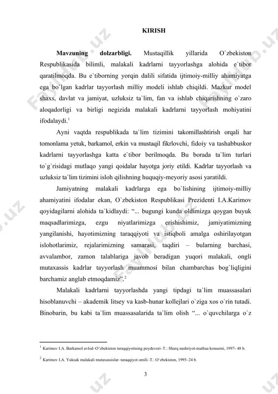 di”. kasb-hunar kollejlari mustaqil hayot ostonasida turgan yoshlarga “... bir yoki bir necha zamonaviy kasb-hunarni egallash hamda tegishli o`quv fanlaridan chuqur nazariy bilim olish” imkoniyatini yaratar ekan, ularni kelgusida jamiyatning faol a`zolari bo`lib etishishlarini ta`minlaydi. kadrlar tayyorlash jarayonining uchinchi bosqichi sanaluvchi mavjud sharoitda respublikada zamonaviy bino va texnik jihozlarga ega bo`lgan kasb-hunar kollejlarining faoliyat yuritayotganligi, har yili ularda ta`lim olayotgan minglab bitiruvchilarning mustaqil hayotga qadam qoyayotganliklari malakali kichik mutaxassislarni tayyorlashga qoyilgan ijtimoiy buyurtmaning samarali bajarilayotganligidan dalolat beradi. yangi turdagi ta`lim muassasalaridan bo`lgan kasb-hunar kollejlarida ta`lim sifatini yaxshilash va samaradorligini oshirish, o`quvchilarning kasbiy tayyorgarliklarini takomillashtirishga qoyilayotgan ijtimoiy talablarni to`la qondirish mazkur ta`lim muassasalarida zamonaviy ta`lim vositalaridan foydalanishni taqozo etmoqda. kasb-hunar kollejlari o`quvchilarining kasbiy tayyorgarligini takomillashtirish, ana shu maqsadda zamonaviy ta`lim vositalaridan foydalanish, ta`lim jarayonini texnologik yondashuv asosida tashkil etish, pedagoglarni ta`lim samaradorligini oshirishga yordam beruvchi texnologiyalar bilan qurollantirish zaruriyati bmi mavzusining “khk larda “yengi old va ort bo`lak bilan yaxlit bichiladigan …