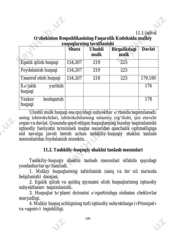 h huquqi 154,207 218 225 179,180 xo‘jalik yuritish huquqi 176 tezkor boshqarish huquqi 178 ulushli mulk huquqi esa quyidagi subyektlar o‘rtasida taqsimlanadi: uning ishtirokchilari, ishtirokchilarning umumiy yig‘ilishi, ijro etuvchi organ va davlat. qonunda qayd etilgan huquqlarning bunday taqsimlanishi iqtisodiy faoliyatni ta'minlash nuqtai nazaridan qanchalik optimalligiga oid savolga javob berish uchun tashkiliy-huquqiy shaklni tanlash mezonlaridan foydalanish mumkin. 11.2. tashkiliy-huquqiy shaklni tanlash mezonlari tashkiliy-huquqiy shaklni tanlash mezonlari sifatida quyidagi yondashuvlar qo‘llaniladi. 1. mulkiy huquqlarning tafsirlanish (aniq va bir xil ma'noda belgilanish) darajasi. 2. egalik qilish va qoldiq qiymatni olish huquqlarining iqtisodiy subyektlararo taqsimlanishi. 3. huquqlar to‘plami doirasini o‘zgartirishga nisbatan cheklovlar mavjudligi. 4. mulkiy huquq uchligining turli iqtisodiy subyektlarga («prinsipal» va «agent») tegishliligi. 200 5. xatarlarni bo‘lish va o‘tkazish darajasi. 6. kapitalni jamg‘arish darajasi. 1. mulkiy huquqlarning tafsirlanish (aniq va bir xil ma'noda belgilanish) darajasi. tafsirlash darajasi juda muhim, chunki kouz teoremasiga muvofiq resurslarning ikkita samarali omilidan biri huquqlarni tafsirlashning to‘liqligidan iborat. ikkinchi …