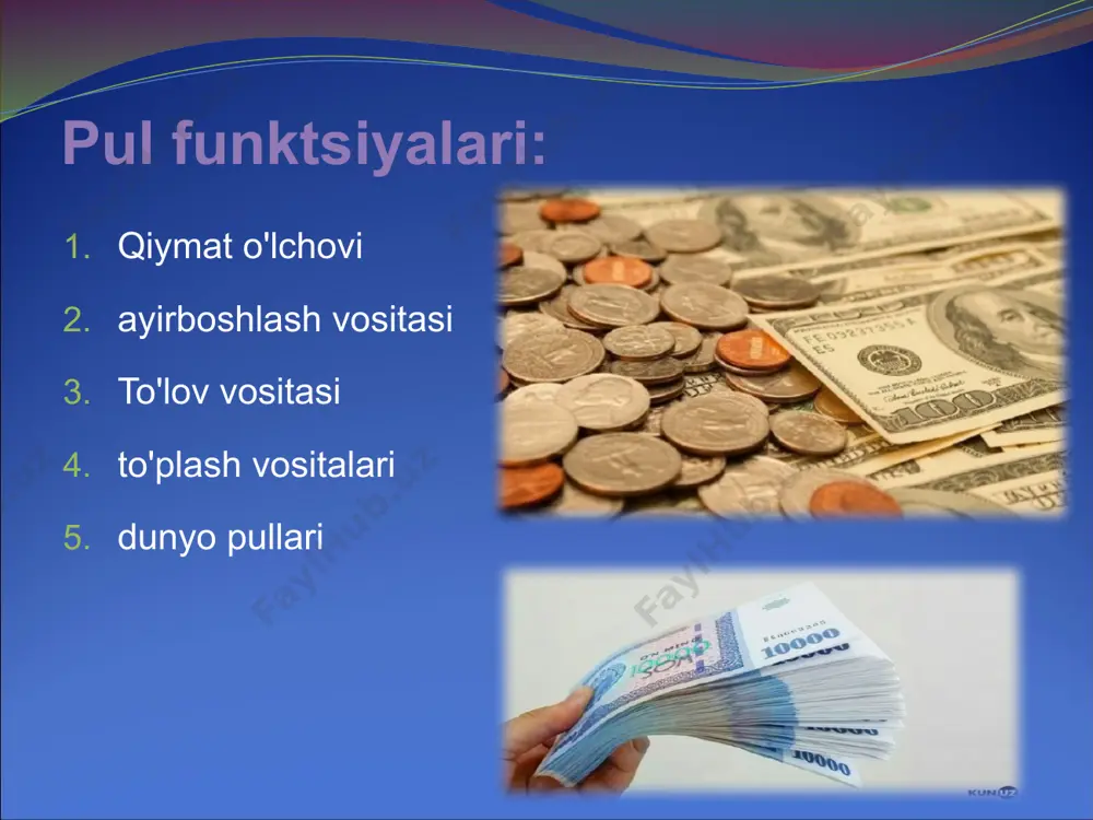n belgilangan muddatdan keyin: o-d (o - qarz majburiyati). bunday ayirboshlash bilan pul va tovarlarning yaqinlashib kelayotgan harakati sodir bo'lmaydi, qarz majburiyatini to'lash sotib olish va sotish jarayonidagi yakuniy bo'g'indir. jahon pullari: tashqi savdo aloqalari, xalqaro kreditlar, tashqi sherikga xizmatlar ko'rsatish jahon pullarining paydo bo'lishiga sabab bo'ldi. jahon pullari quyidagilar uchun ishlatiladi: xalqaro balanslar bo'yicha hisob-kitoblar xalqaro kreditlar berish g'olib mamlakatga mag'lublardan tovon to'lash. jahon pulining evolyutsiyasi: parij valyuta shartnomalari yamayka valyuta tizimi bretton-vuds valyuta shartnomalari pul turlari: haqiqiy pul (to'liq) qiymat belgilari (haqiqiy pul o'rnini bosuvchi) haqiqiy pul turlari: metall (qimmatbaho metallardan yasalgan tangalar: oltin, kumush) qog'oz (davlat tomonidan chiqarilgan, oltin bilan ta'minlangan haqiqiy pul vakillari) oltin pulning kamchiliklari: oltin qazib olish tovar ishlab chiqarish darajasiga erisha olmadi va pulga bo'lgan ehtiyojni to'liq ta'minlamadi; yuqori portativlikdagi oltin pullar kichik qiymatli aylanmaga xizmat qila olmadi; qog'ozdan yasalgan banknotlarga qaraganda ancha qimmat turadigan oltin pullardan foydalanishning yuqori narxi. haqiqiy pul o'rnini …