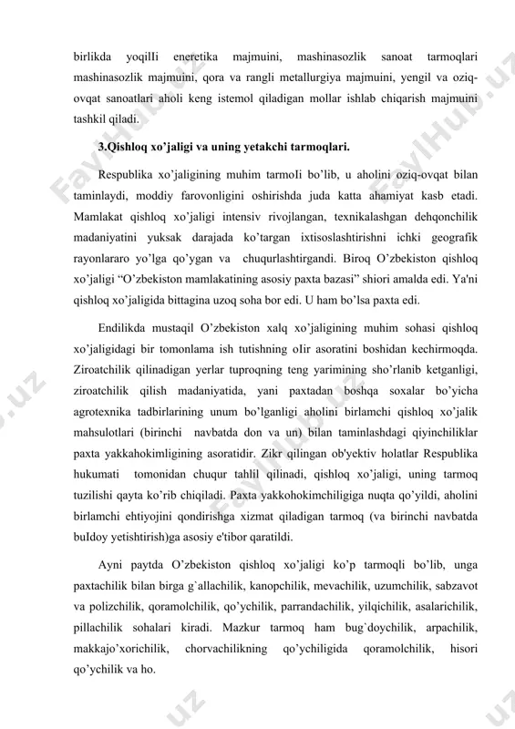 igi aholini birlamchi qishloq xo’jalik mahsulotlari (birinchi navbatda don va un) bilan taminlashdagi qiyinchiliklar paxta yakkahokimligining asoratidir. zikr qilingan ob'yektiv holatlar respublika hukumati tomonidan chuqur tahlil qilinadi, qishloq xo’jaligi, uning tarmoq tuzilishi qayta ko’rib chiqiladi. paxta yakkohokimchiligiga nuqta qo’yildi, aholini birlamchi ehtiyojini qondirishga xizmat qiladigan tarmoq (va birinchi navbatda buіdoy yetishtirish)ga asosiy e'tibor qaratildi. ayni paytda o’zbekiston qishloq xo’jaligi ko’p tarmoqli bo’lib, unga paxtachilik bilan birga g`allachilik, kanopchilik, mevachilik, uzumchilik, sabzavot va polizchilik, qoramolchilik, qo’ychilik, parrandachilik, yilqichilik, asalarichilik, pillachilik sohalari kiradi. mazkur tarmoq ham bug`doychilik, arpachilik, makkajo’xorichilik, chorvachilikning qo’ychiligida qoramolchilik, hisori qo’ychilik va ho. respublika aholisining 60 foizidan ortig`i (uning ayrim viloyatlarida esa 80 foizi) qishloqlarda yashaydi. mamlakatda ishlab chiqariladigan yalpi ijtimoiy mahsulotni 26-27 foizi milliy daromadining esa 45 foizi qishloq xo’jaligida yaratildi.qishloq xo’jalik ilmiy ishlab chiqarish markaziga aylantirildi. yuqorida zikr qilingan holatlar mamlakat qishloq xo’jaligida boshqaruv tizimining murakkab ekanligini ko’rsatadi. biroq respublikaning qishloq xo’jaligi sohasidagi asosiy ishlar va umumiy …