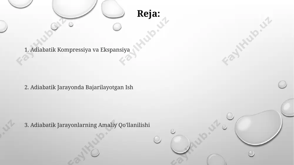 vvatli turbinada, adiabatik kompressorlarni qo'llash, energiya sarfini kamaytirish va samaradorlikni 2-3 % ga oshirishga yordam beradi. adiabatik jarayonning ta'rifi adiabatik jarayon – bu tizimning atrof-muhit bilan issiqlik almashinuvisiz sodir boʻladigan termodinamik jarayon boʻlib, masalan, 100 kpa bosim ostida 25°c haroratdagi havo silindr ichida tez kengayganda, issiqlik almashinuvi deyarli noldan farq qilmaydi. adiabatik kompressorda, masalan, 500 litr hajmli, samarqand shahridagi bir zavodda ishlatiladigan kompressorlarda, gaz siqilganda uning harorati koʻtariladi, lekin tizim tashqi muhit bilan issiqlik almashmaydi, bu jarayon adiabatik deb ataladi. ideal adiabatik jarayon faqat nazariy jihatdan mumkin, chunki haqiqiy jarayonlarda har doim ham oz miqdordagi issiqlik almashinuvi sodir boʻladi adiabatik jarayon va entropiya adiabatik kompressorda, masalan, toshkent shahridagi zavodlarda qo'llaniladiganlarida, gaz siqilganda uning harorati 100°c dan 200°c gacha ko'tarilishi mumkin, bu jarayonda entropiya esa o'zgarmaydi. adiabatik jarayonda tizimning entropiyasi o'zgarmaydi (δs = 0), chunki bu jarayon 273 k dan past haroratlarda, masalan, 200 k da, muhit bilan issiqlik almashinuvisiz sodir …