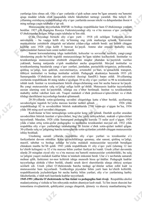n toshkentdagi o’lka bilim yurtida, so’ngra o’zbek xotin-qizlar bilim yurtida mudirlik kladi. fitrat 1917 yilda «o’quv» kitobini, 1919 yilda sh.raximiy va q.ramazon bilan birga «ona tili» darsligini, so’ngra «imlo masalalari» kitobini yozib chiqardi. 1917 yildayoq sayd rizo alizoda birinchi sinflar uchun «birinchi yil» o’qish dasturini ishlab chiqdi. shokirjon raximiy 1919 yilda birinchi alifbo – “sovg’a”, 1922 yilda «o’zbek alifbosi» darsliklari va boshqa o’quv qo’llanmalarini chiqardi. 1918 yildan u toshkentda maktab mudiri bo’lgan. buxoro va xorazm respublikalarida ham maktablar, ta’limtarbiya maskanlari ochildi. aholining bolalarni o’qitishga, ilm-ma’rifatga ishtiyoki kuchayib borgan, bunday talablar katta yig’inlarda yangragan. ammo xo’jalikning parokandaligi, sun’iy to’siqlar oqibatida 20-yillar boshida maktablar soni qisqardi, darsliklar yozish, nashr qilish to’xtadi. 1922 yilga kelib turkistonda bolalarning 25 foizi maktablarga jalb qilingan edi. buxoro respublikasida 1921 yilda 175 ta yangi maktab, 11 ming o’quvchi bor edi. lekin 1924 yil o’rtalariga kelib maktablar 69, o’quvchilar 3563 tani tashkil qildi. xorazmda 40 ta umumta’lim maktablari …