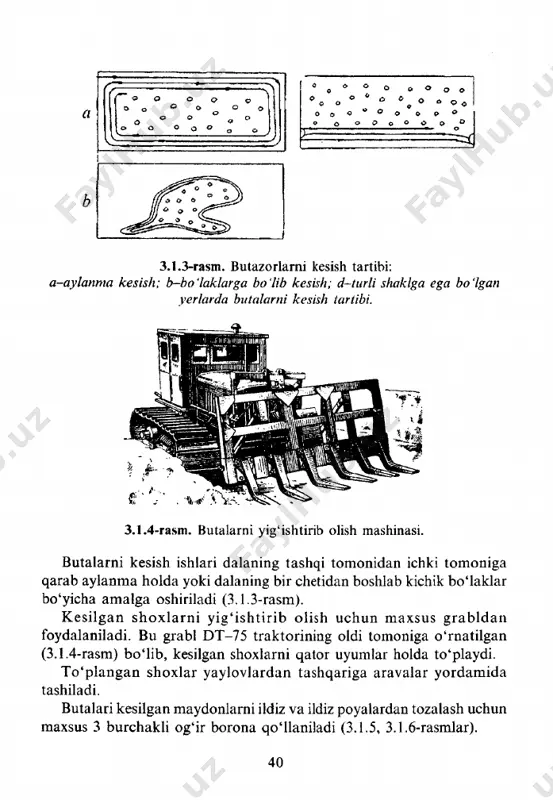 diz va ildiz poyalarini tozalashga momjallangan tirkama borona. boronalar ishlari ikki m arta o ‘tkaziladi: dastlab dalaning uzunasi bo‘ylab keyin esa ko‘ndalangiga yurgaziladi, natijada bu butalam ing ildizlaridan tashqariga chiqariladi. b u tazorlardan toza lanayo tgan maydonlarda daraxtlar bo‘lsa, ularni ham ildizi bilan olib tashlash zarur. buning uchun dt-75 yoki s—100 traktor buldozerlaridan foydalaniladi. 3.1.7-rasm. daraxtlarni yiqitish tartibi: 1-daraxtni a g ‘darish; 2-daraxtni ildizi bilan sug'urib olish. bunda buldozer k u rag i bilan daraxtning yer yuzidan bir m etr balandligiga kuchli zarba beriladi, natijada daraxt egilib ildizlari ochiladi, keyin buldozer kuragini daraxt ildizining tub qismiga botirib uni sug'urib chiqaradi (3.1.7-rasm). buta va daraxtlardan tozalangan maydonlarga mavjud o ‘tlarning holatiga qarab yerga ishlov berish va o‘tlarni ekish belgilanadi. agar tozalangan m aydonlarda o 'tlar qoplami yetarlicha saqlangan b o isa , u holda faqat bu talar kesib olingan yerlarga ishlov berilib o ‘t ekiladi. agarda tabiiy o ‘t qoplamlari juda …