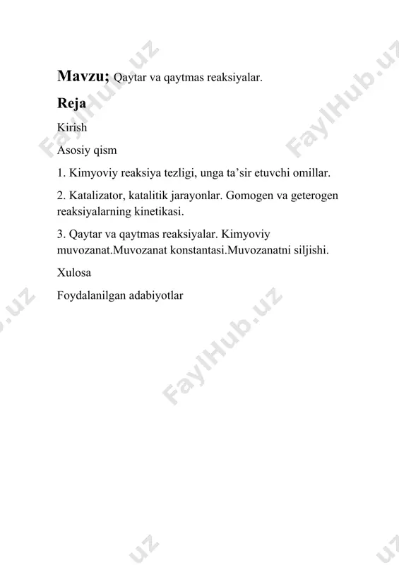 o4 q na2s2o3 q na2so4 q h2o q so2 q s geterogen sistemalarda esa, sistemani tashkil etuvchi fazalar sirtidagina reaksiya amalga oshadi. masalan, metallning kislotada erishi: fe q h2so4 q feso4 q h2 bu reaksiya fakat metall sirtida sodir bo’ladi, chunki reaksiyaga kirishuvchi ikkala modda shu sirtda bir biri bilan tuknashadi. gomogen reaksiya tezligi geterogen reaksiya tezligidan fark kiladi va ular xar xil aniklanadi. gomogen reaksiyaning tezligi reaksiyaga kirishayetgan yoki xosil bulayetgan moddalardan birortasining konsentratsiyasini vakt birligi ichida uzgarishi bilan aniklanadi. geterogen reaksiyaning tezligi esa vakt birligi ichida faza sirtining yuza birligida reaksiyaga kirishgan yoki xosil bo’lgan moddalarning mikdori bilan aniklanadi. gomogen reaksiya tezligini matematik usulda kuyidagicha ifodalanadi. vgomogen = c/ t geterogen reaksiya tezligi: vgeterogen = n/s* t har qanday reaksiyaning tezligi reaksiyaga kirishuvchi moddalarning tabiatiga, konsentrasiyasiga, haroratga, qattiq moddalarning sirt yuzasiga va maydalanish darajasiga, bosimga, katalizatorning ishtirok etish-etmasligiga bog'liq bo'ladi. reaksiyaga kirishuvchi moddalar tabiatining reaksiya tezligiga ta'siri. reaksiya …