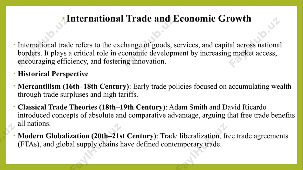 and improve product quality, contributing to economic growth. 5.capital flows: international trade often encourages foreign direct investment (fdi) and portfolio investment, which provide capital inflows to support domestic industries and economic expansion. diversification: trade allows countries to diversify their economies by accessing a broader range of goods and services. this reduces reliance on any single industry and helps stabilize the economy.increased employment opportunities: by promoting exports and expanding industries, international trade can lead to the creation of new jobs, which contributes to economic growth by boosting household incomes and consumption. challenges and risks while international trade can be a powerful driver of economic growth, there are some challenges and risks: unequal benefits: not all countries or individuals benefit equally from trade. some may face job losses in sectors that are unable to compete with cheaper foreign imports. trade imbalances: persistent trade deficits (importing more than exporting) can lead to foreign …