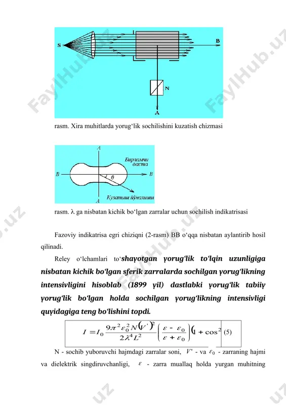 sochilgan yorug‘lik faqat qisman qutblangan bo‘ladi, bunda qutblanish darajasi zarralarning o‘lchami va shakliga bog‘liq bo‘ladi. sochilgan yorug‘lik intensivligining burchaklar bo‘yicha taqsimoti ham murakkablashadi: sochilish diogrammasi aa chiziqqa nisbatan (2-rasm) simmetrik bo‘lmay zarralarning o‘lchami, shakli va tabiatiga hamda atrofdagi muhitga qarab juda murakkab ko‘rinishda bo‘ladi, faqat dastlabki dasta yo‘nalishiga nisbatan simmetrik bo‘ladi. bu murakkabroq qonuniyatlar yirik zarrali xira muhitlarda yorug‘likning sochilishini nazariy tomondan talqin etishni juda qiyinlashtiradi. shunga qaramasdan bunday hollar ancha katta qiziqish uyg‘otadi, chunki ular odatda ko‘p ximiyaviy reaksiyalarning maxsuli bo‘lgan kolloid eritmalar va xira muhitlarni tadqiq etishda yuz beradi. shuning uchun bunday o‘lchash ishlari kolloid ximiya, analitik ximiya va biologiyada keng qo‘llanilib, tadqiq etishning nefelometrik usullarining mavzui hisoblanadi. osmonning zangori bo‘lib ko‘rinishiga yorug‘likning chang zarralarida sochilishi sabab bo‘ladigandek ko‘rinar edi, biroq tajribalar bunday emasligini ko‘rsatdi, chunki chang bo‘lmagan toza atmosferada (baland tog‘lardagi observatoriyalarda) osmon yanada to‘q, zangori bo‘lib ko‘rinadi va uning yorug‘ligi qutblanadi. keyingi nazariy va eksperimental tadqiqotlar …