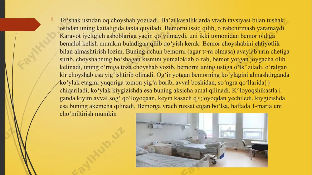 olash muassasalarinig 4 turi farqlanadi: davolash-profilaktik, sanitarprofilaktik, sud tibbiyoti, farmasevtik va tibbiy texnika muassasalari. tibbiy muassasalar aholipunktlarida (hududiy tibbiyot muassasalari) va ish joylarida (tashkilot va korxonalarning davolash muassasalari) tibbiy yordam ko‘rsatadilar. bemorlarni parvarish qilishni amalga oshirishda ikkita asosiy yo‘nalish mavjud: umumiy parvarish va maxsus parvarish. • umumiy parvarish - kasallikning tabiatidan qat‘i nazar (umumiy tekshiruv, tana har oratini o‘lchash va boshqalar) umumiy parvarishlash tadbirlarini amalga oshirish. • maxsus parvarish - kasallikning tashxisiga (masalan, xoletsistografiya uchun kasal tayyorlash, siydik pufagi kateterizatsiyasiga) qarab spetsifik parvarish qilish tadbirlarini amalga oshirish. e’tiboringiz uchun raxmat image1.jpeg image2.jpeg image3.jpeg image4.jpeg image5.jpeg image6.jpeg /docprops/thumbnail.jpeg