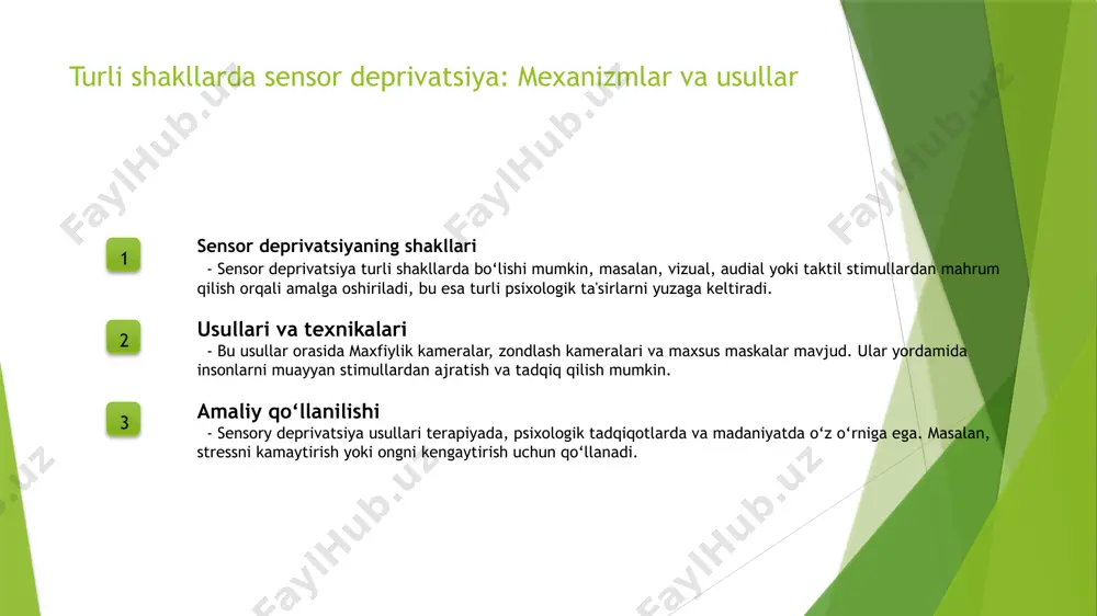 an sensorydeprivatsiya usullari qo'llanilishi, terapiya va madaniyatda innovatsion yondashuvlarni rivojlantirishga imkon beradi. sensor deprivatsiyaning psixologik va biologik ta'sirlarini madaniyat va terapiyada qo’llash usullari 1 psixologik ta'sirlar haqida sensor deprivatsiya stress, paranoya va depressiya kabi psixologik holatlarni kuchaytirishi mumkin, shuningdek, kreativlik va ichki dunyoni kengaytiradi. 2 biologik o'zgarishlar bu jarayon asab tizimi faolligini pasaytiradi, gormonlar ishlab chiqarishni o'zgartiradi va miya faoliyatini qayta tashkillashtiradi, shuningdek, neyroplastikaga ta'sir qiladi. 3 madaniyat va terapiyada qo'llanilishi madaniyatda meditatsiya va rituallarda, terapiyada esa, stressni kamaytirish va ruhiy salomatlikni mustahkamlash uchun sensory deprivatsiya usullari qo'llaniladi. xulosa 1 sensor deprivatsiyaning asosiy tamoyillari sensor deprivatsiya tashqi stimullarning kamayishini ta'minlab, miyadagi ichki jarayonlarni kuchaytiradi, fikrlar va hislarni chuqurlashtiradi, muhim usuldir. 2 turli usullar va amaliy qo‘llanilishi bu jarayon vizual, audial yoki taktil stimullardan mahrum qilish bilan amalga oshadi, maxsus texnikalar yordamida stressni kamaytirish va ruhiy holatni yaxshilaydi. 3 psixologik va biologik ta'sirlar sensor deprivatsiya stress, g'azab va ruhiy o'zgarishlarni kuchaytirishi …