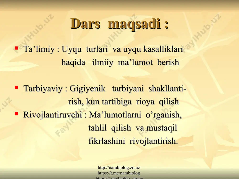 “kitobsiz taraqqiyotga , yuksak ma’naviyatga erishib bo’lmaydi ” sh. mirziyoyev http://nambiolog.zn.uz https://t.me/nambiolog https://t.me/biolog_group http://nambiolog.zn.uz https://t.me/nambiolog https://t.me/biolog_group uyga vazifani so’rash : daftarlar nazorati diffrensial topshiriqli tarqatmalar mantiqiy savollar http://nambiolog.zn.uz https://t.me/nambiolog https://t.me/biolog_group http://nambiolog.zn.uz https://t.me/nambiolog https://t.me/biolog_group 1- savol texnologiya darsi . qizlar tikish – bichish , dazmollash ishlari bilan mashg’ul. shu payt ko’cha tomonda keskin va baland sirena ovozi eshitildi. barcha qizlar ishini tashlab, deraza tomonga yig’ilishdi. aytingchi , nima sababdan bu holat ro’y berdi ? http://nambiolog.zn.uz https://t.me/nambiolog https://t.me/biolog_group http://nambiolog.zn.uz https://t.me/nambiolog https://t.me/biolog_group 2- savol oq xalatli hamshira shamollagan yosh bolani vrach ko’rsatmasiga binoan muntazam emlar ed i. bola har kuni oq xalatli hamshirani ko’rgan zahoti yig’lashni odat qildi. davolash kursi tugasa ham bu refleks saqlandi .ma’lum muddatdan so’ng esa, bola oq xalatli hamshiralarni ko’rsa ham yig’lamas edi. holatni izohlang . http://nambiolog.zn.uz https://t.me/nambiolog https://t.me/biolog_group http://nambiolog.zn.uz https://t.me/nambiolog https://t.me/biolog_group 3- savol sirkdagi sodda arifmetik amallarni vuvullash soni orqali to’g’ri javob bergan itlardagi holatni izohlang … 3-1 …