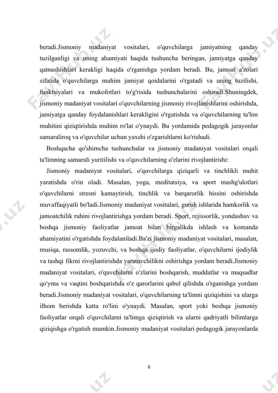 izm tarznda gurux larga ajratilib, madaniyat jarayonining vositasi sifatida foydalanib kelindi. jismoniy mashq deb, jismoniy madaniyat qonuniyatlari talab lariga javob beruvchi, ongli ravishda bajariladigan ixtiyoriy harakat faoliyatlarining turli turkumi tushuniladi. bunday harakat faoliyatlari gimnastika, uyinlar, sport, turizm mashqlari sifatida tarixan tizimlashtirildi, tuplandi va usluban tuldirildi. jismoniy mashqni vujudga kelishi tarixan qator darsliklarda (a.d. novikov, b.a. ashma rin va boshqalar, 1966, 1979). ibtidoiy jamoa to`zumi davriga to`g`ri keladi deb ko`rsatiladi. jismoniy mashqning vujudga kelishida ob`ektiv sabab qilib ibtidoiy odamning korni tuydirish maqsadida ov qilishi, sub`ektiv sabab sifatida ongning shakllanishi deb qaraldi.ibtidoiy qurollarni ishlatishni bilmagan ibtidoiy odam o`z ulja sini (ovini) xoldan toldirguncha kuvlagan. bunda ovchining organizmi katta jismoniy tayyorgarlikka muxtojlik sezishi tabiiy xol edi. jis moniy tayyorgarligi yetarli bo`lmaganlarining o`zlari oviga yem bo`lgan lar. keyinchalik ibtidoiy odamlar ovga gala-gala bo`lib chiqadigan bo`ldilar. ijtimoiy ong shakllana boshladi. ibtidoiy qurollar: tosh, kirrali tosh boylangan nayza, xas, chup bilan nomigagina berkitilib qo`yilgan choxlardan va …