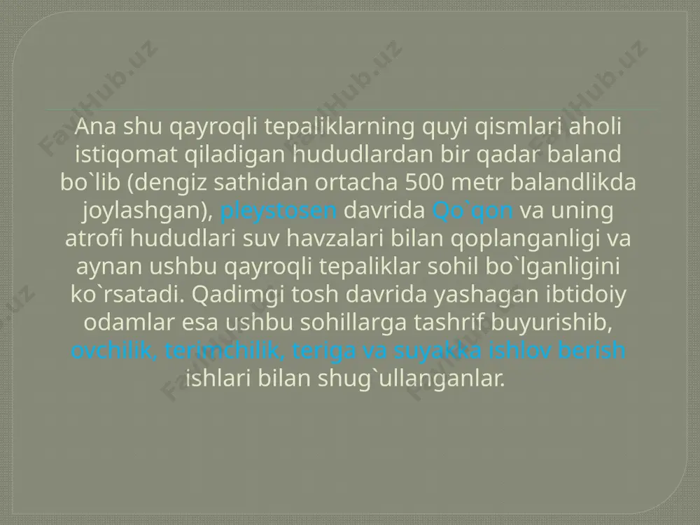 rixidagi yetishmayotgan bo`shliqni to`ldiradi, yani yaypan va sariqo`rg`on materiallari farg`ona hududlaridan topilgan so`nggi paleolit davriga oid ilk yodgorliklardir. to`plangan natijalarni quyidagicha xulosalash mumkin: 1.fargona vodiysi so`nggi paleolit davri qabilalari (jonobod, sariqo`rg`on 1 va chodak) toshkent vohasidan so`nggi paleolitning boshlaridayoq qamchiq davoni orqali migrasiya qilgan bolishi mumkin. 2. farg`ona vodiysi so`nggi paleolit davri toshkent vohasining shu davrga oid madaniyatlariga o`xshash bo`lsa-da, qator o`ziga xosliklarga ega va bu yirik plastinalar chaqmoqlab olish va ularni maxsus yonishlar yordamida yupqalashtirishda o`z aksini topadi. 3. farg`ona vodiysidan yuqorida ta`kidlangan yodgorliklarning topilishi farg`ona tarixidagi yetishmayotgan bog`inni to`ldiribgina qolmasdan, ushbu yodgorliklar asosida keyingi mezolit bosqichiga o`tishga zamin hozirlanganligini ham ko`rsatadi. foydalanilgan adabiyotlar: 1.ibragimov. r.z oʻrta osiyo arxeologiyasi toshkent 2020 2.arxeologiya.com image2.jpeg image3.png image4.png